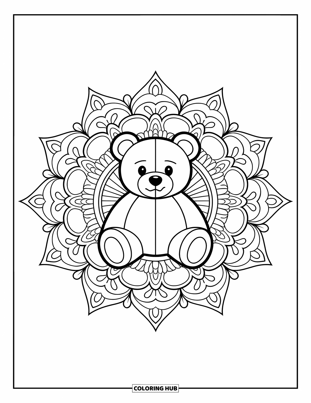 Teddybeer Kleurplaat voor Volwassenen: Een teddybeer rust in een mandala, omringd door gedetailleerde bloemen en geometrische ontwerpen