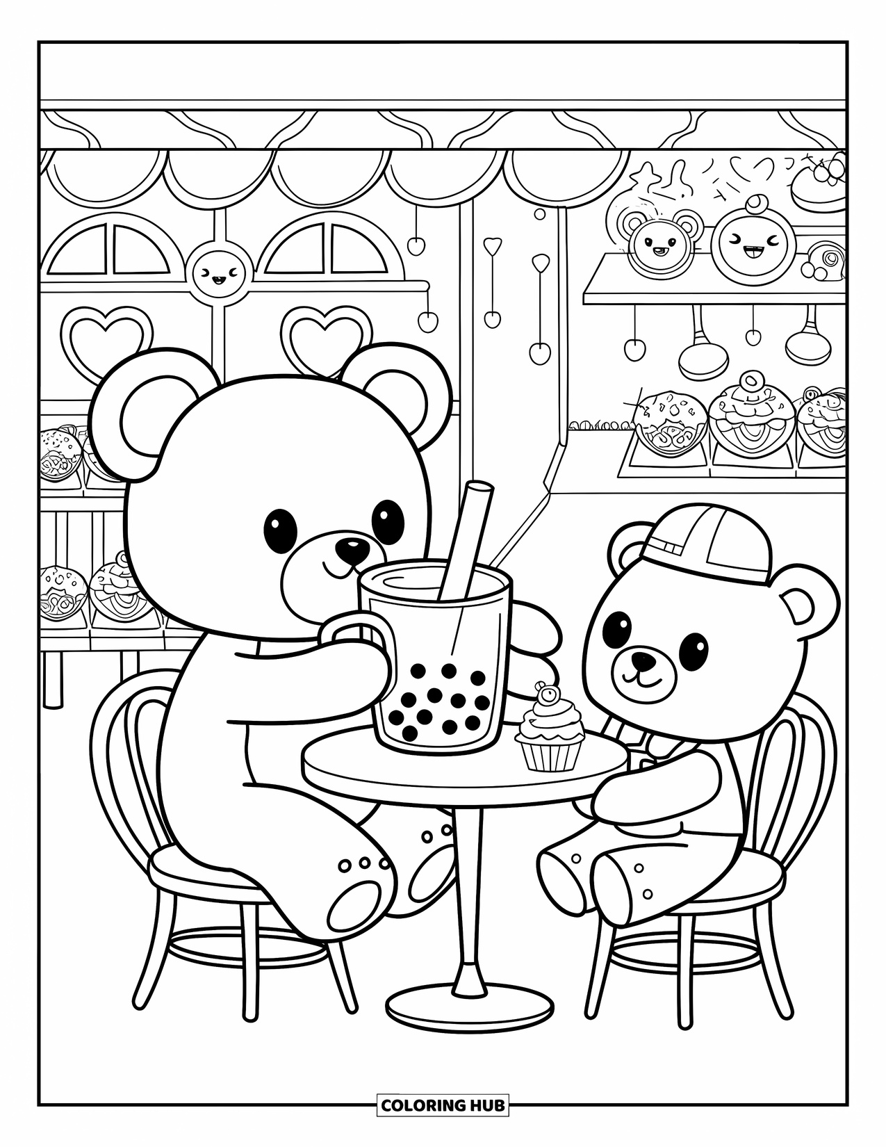 Teddybeer Kleurplaat voor Volwassenen: Een teddybeer zit aan een cafÈtafel en drinkt bubble tea terwijl hij geniet van de charmante dÈcor