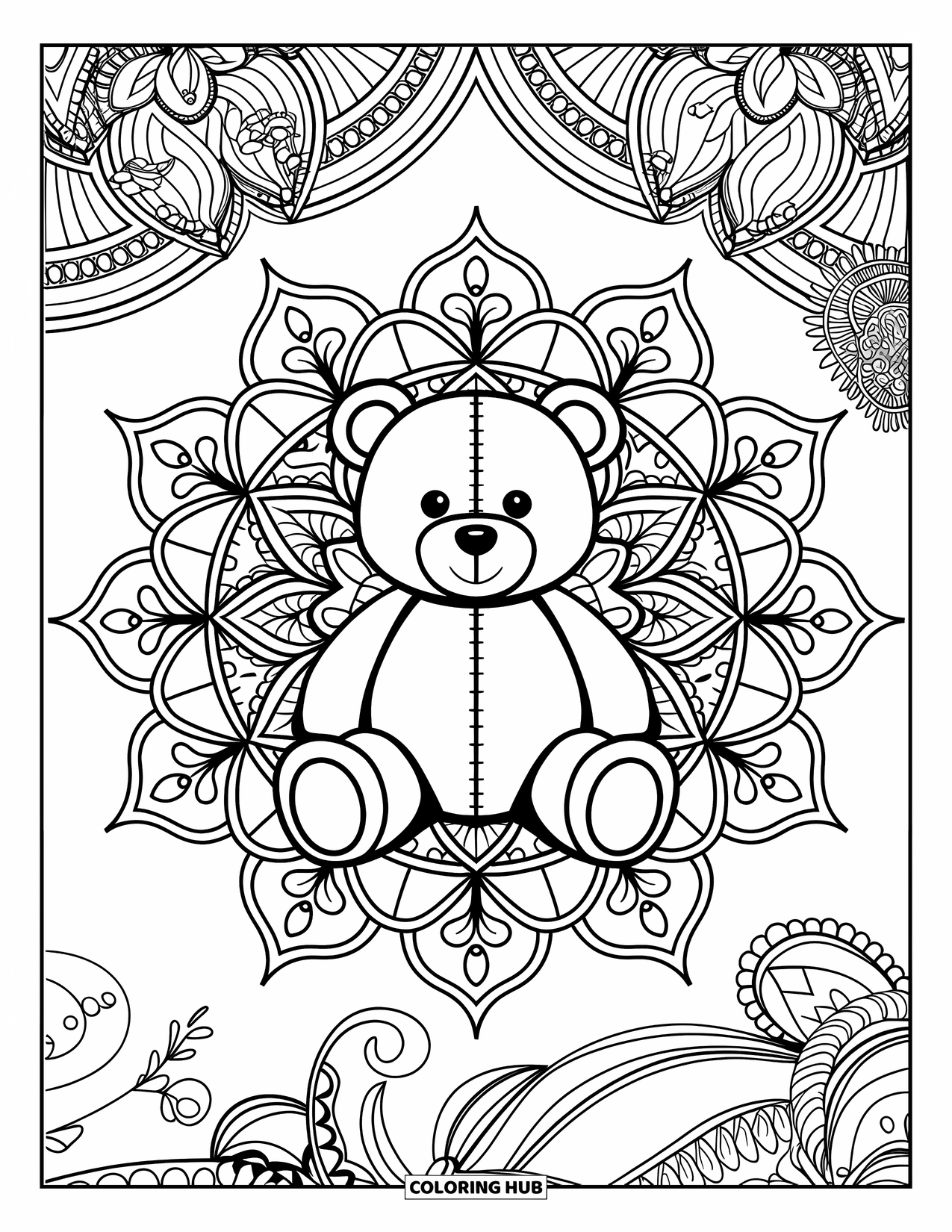 Teddybeer Kleurplaat voor Volwassenen: Een teddybeer zit in het midden van een bloemenmandala, omringd door geometrische patronen