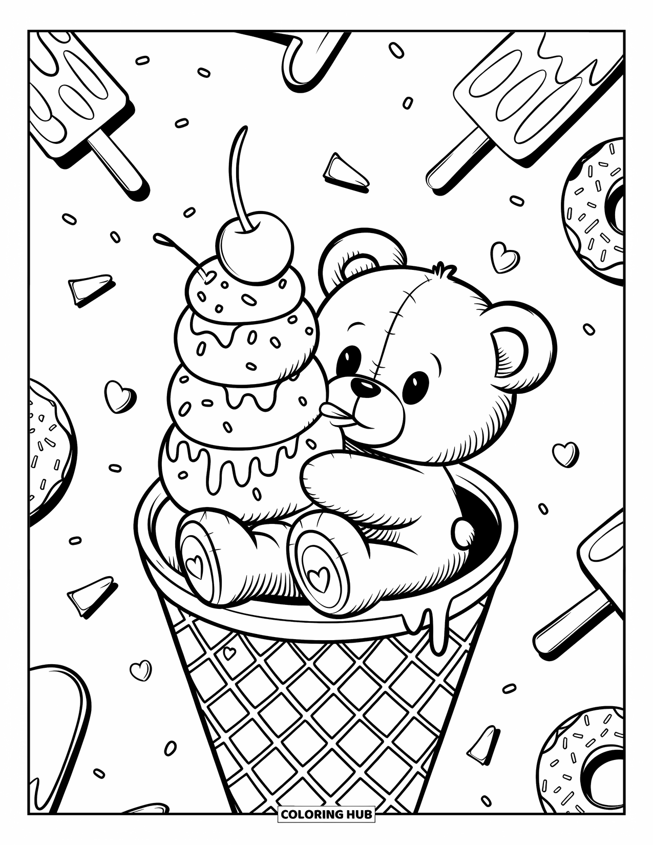 Teddybeer Kleurplaat voor Volwassenen: Een teddybeer zit in een gigantisch ijshoorntje en likt aan een drievoudige ijscoupe met spikkels