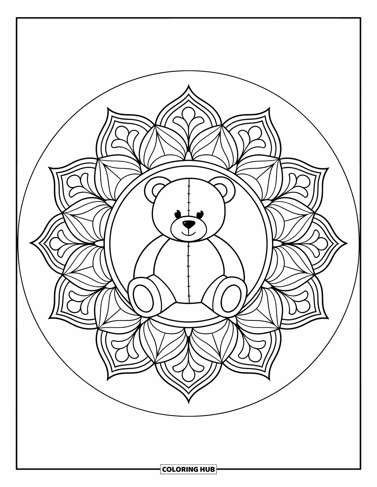 Teddybeer Kleurplaat voor Volwassenen: Een teddybeer zit in een sierlijke mandala, omlijst door ingewikkelde symmetrische patronen