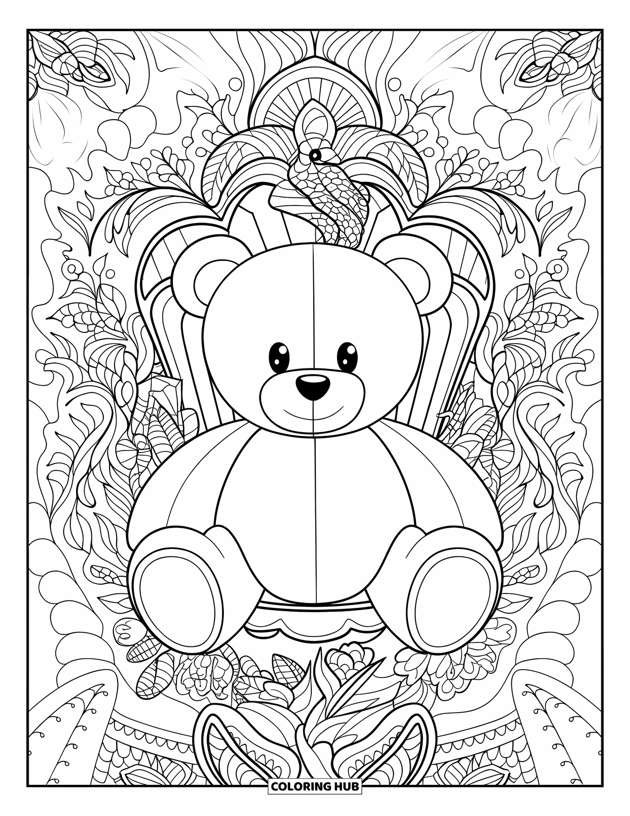 Teddybeer Kleurplaat voor Volwassenen: Een teddybeer zit op een houten stoel, omlijst door delicate kanten en bloemmotieven