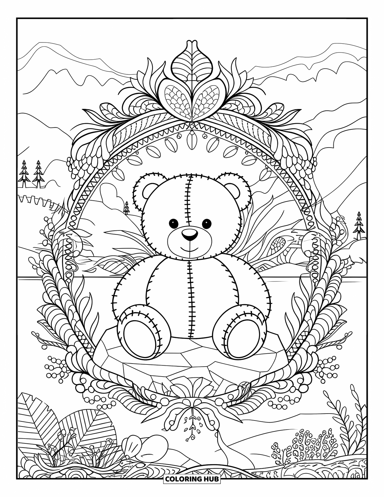 Teddybeer Kleurplaat voor Volwassenen: Een teddybeer zit in een kantachtig bloemenframe, tegen een vredige natuurscène