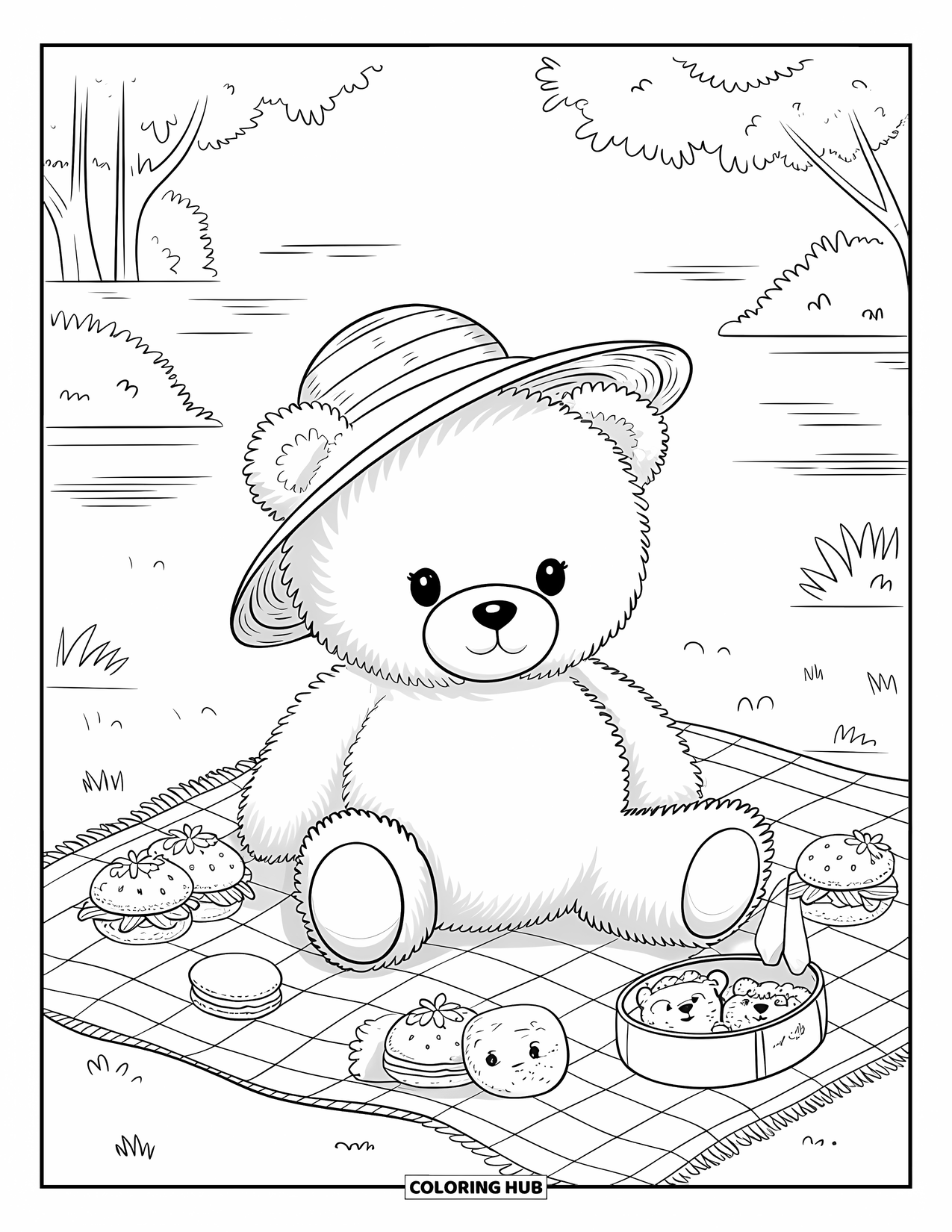 Teddybeer Kleurplaat voor Volwassenen: Een teddybeer met een strohoed geniet van een picknick met schattige en kleine etenswaren