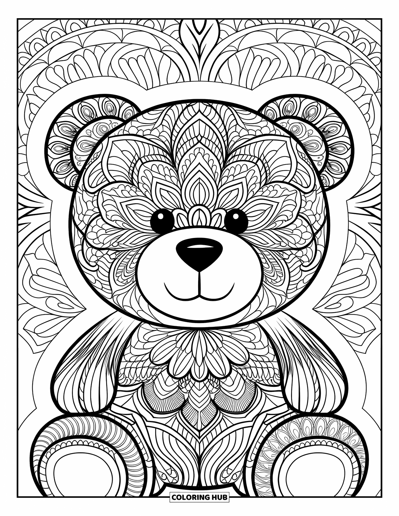 Teddybeer Kleurplaat voor Volwassenen: Het gezicht van een teddybeer is omringd door wervelende mandala-patronen, die overgaan in de achtergrond