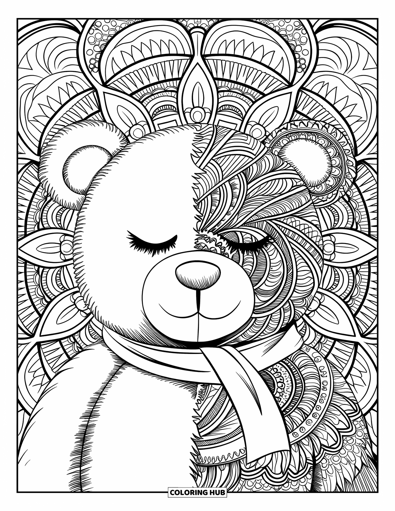 Teddybeer Kleurplaat voor Volwassenen: Het gezicht van een teddybeer gaat naadloos over in een ingewikkelde mandala-achtergrond