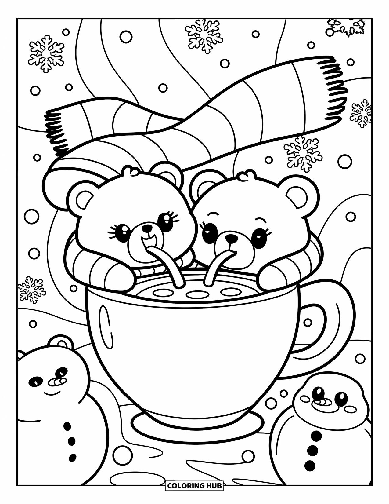 Teddybeer Kleurplaat voor Volwassenen: Teddyberen kruipen onder een sjaal, drinken cacao, met sneeuwvlokken die om hen heen vallen