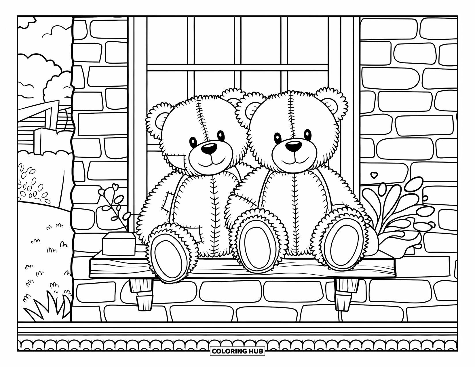 Teddybeer Kleurplaat voor Volwassenen: Twee teddyberen rusten op een houten plank met een plant, een hart en een schilderachtige achtergrond