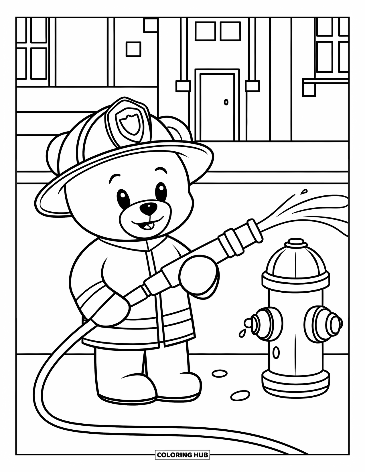 Teddybeer Kleurplaat voor Kinderen: Een dappere teddybeer brandweerman spuit water uit een slang, staande in de buurt van een brandkraan