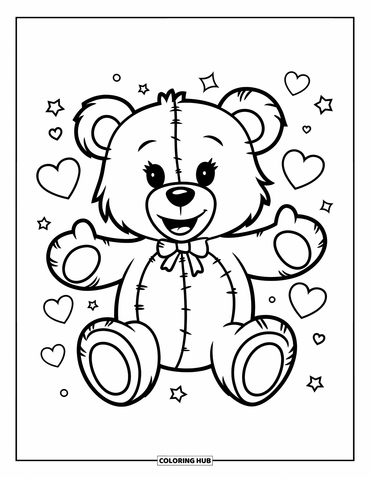 Teddybeer Kleurplaat voor Kinderen: Een vrolijke teddybeer met een vlinderdas reikt uit voor een knuffel, omringd door sterren en harten