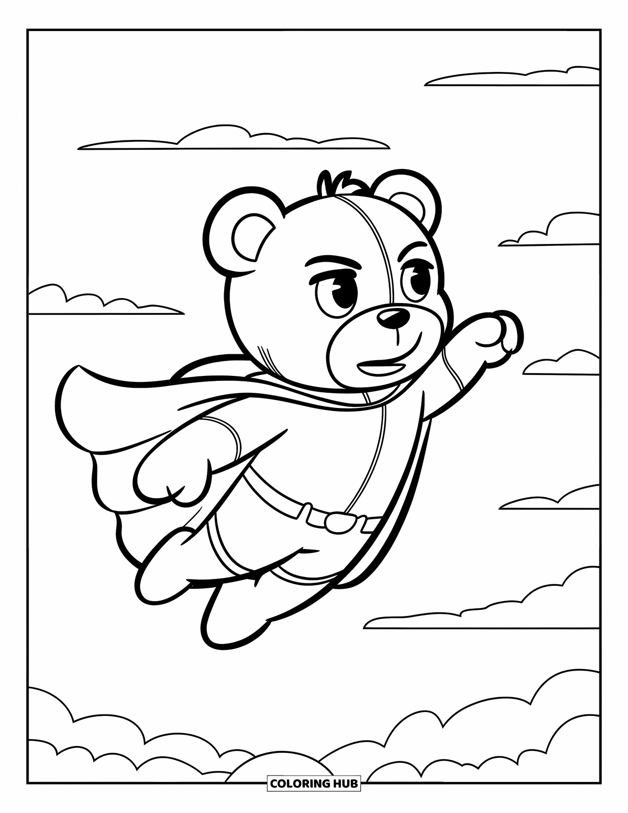 Teddybeer Kleurplaat voor Kinderen: Een heldhaftige teddybeer in een cape zweeft door de lucht, vastberaden en sterk