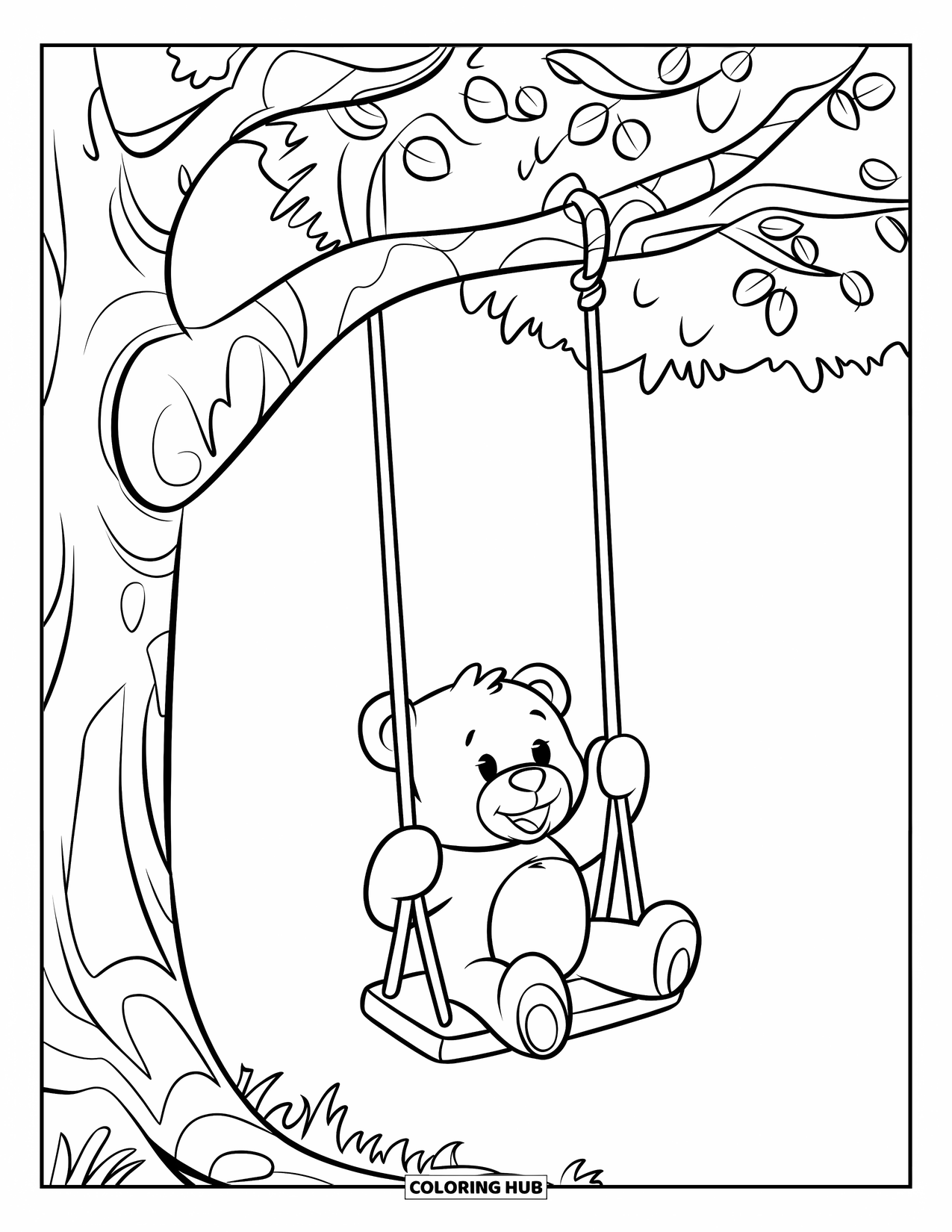 Teddybeer Kleurplaat voor Kinderen: Een vrolijke teddybeer schommelt onder een boom, genietend van de vredige omgeving