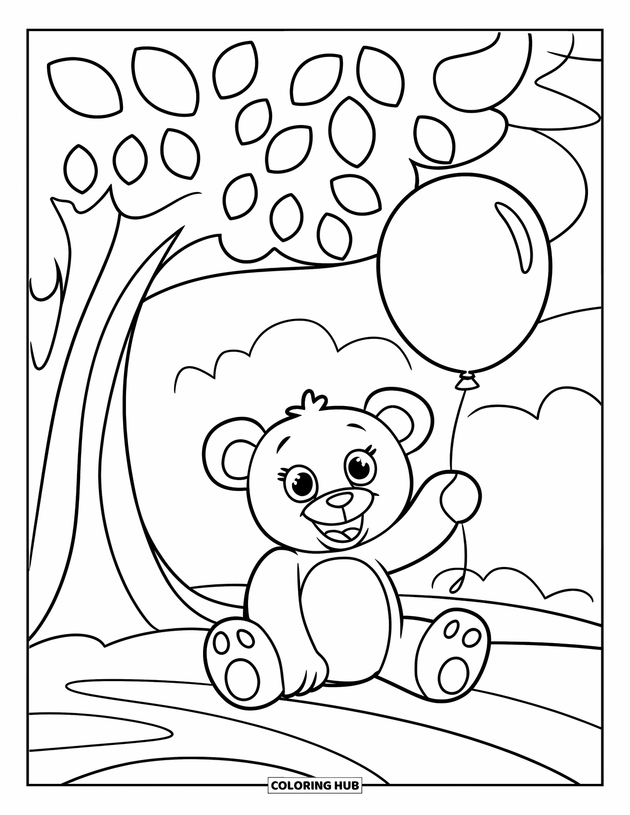 Teddybeer Kleurplaat voor Kinderen: Een vrolijke teddybeer met een brede glimlach houdt een ballon vast terwijl hij onder een bladerrijke boom zit