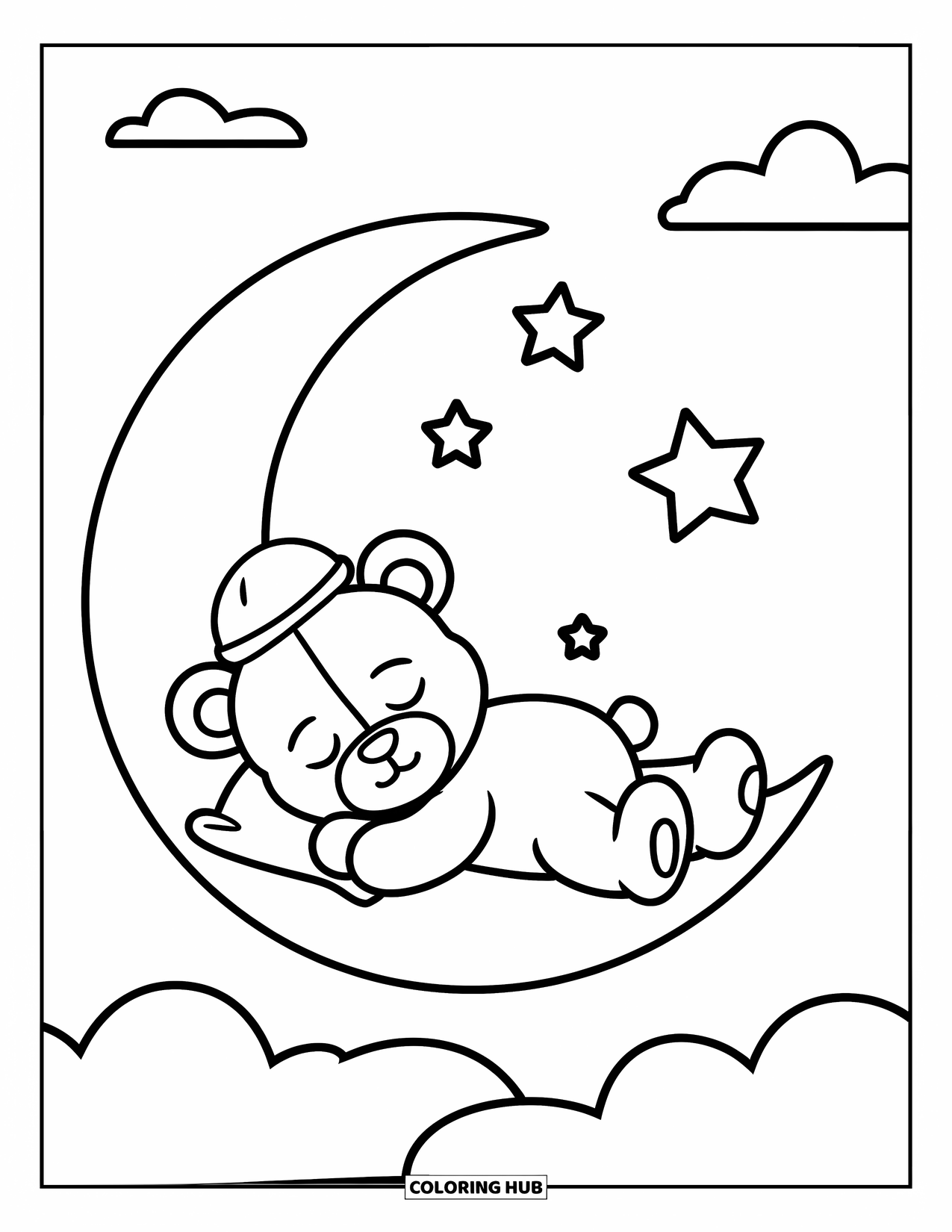 Teddybeer Kleurplaat voor Kinderen: Een slapende teddybeer rust op een maansikkel, geknuffeld met een klein kussen