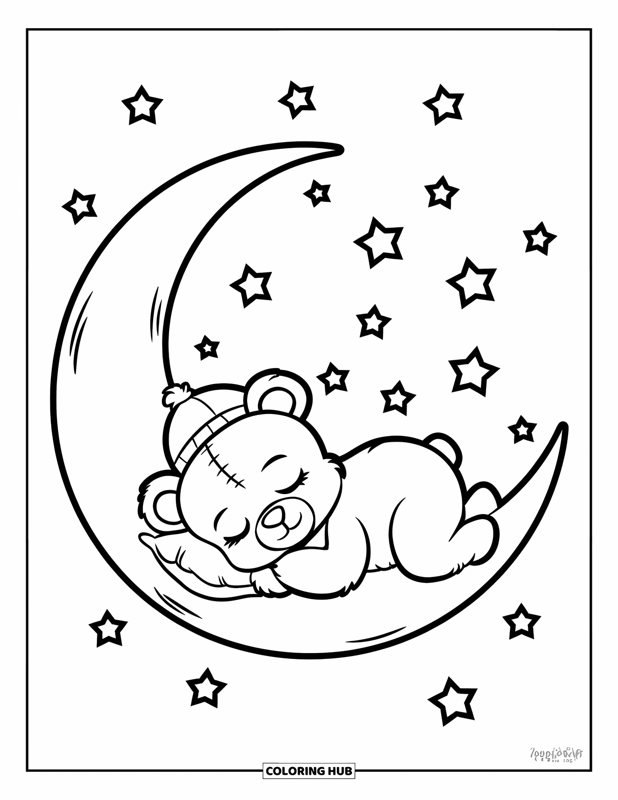 Teddybeer Kleurplaat voor Kinderen: Een kleine teddybeer met een nachtmutsje dommelt op een maansikkel onder een sterrenhemel
