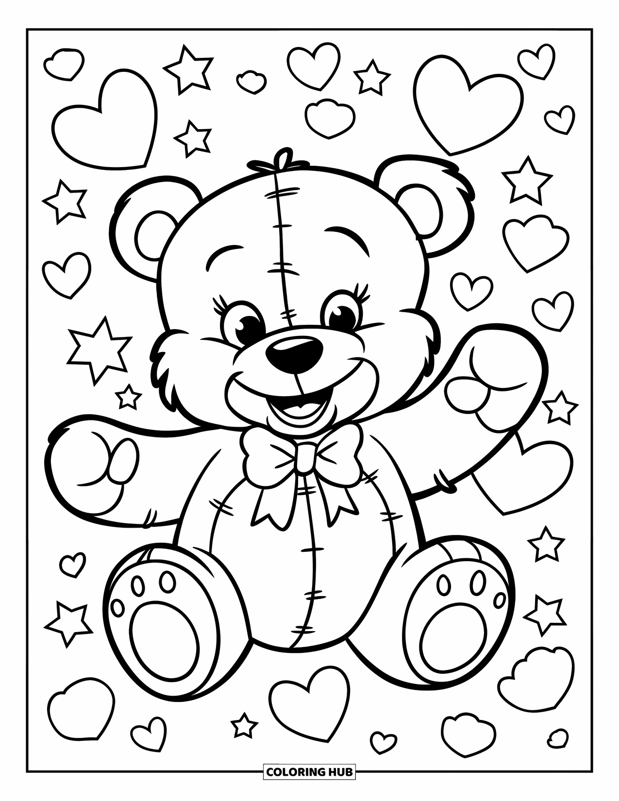 Teddybeer Kleurplaat voor Kinderen: Een lachende teddybeer staat met open armen, omlijst door harten en fonkelende sterren