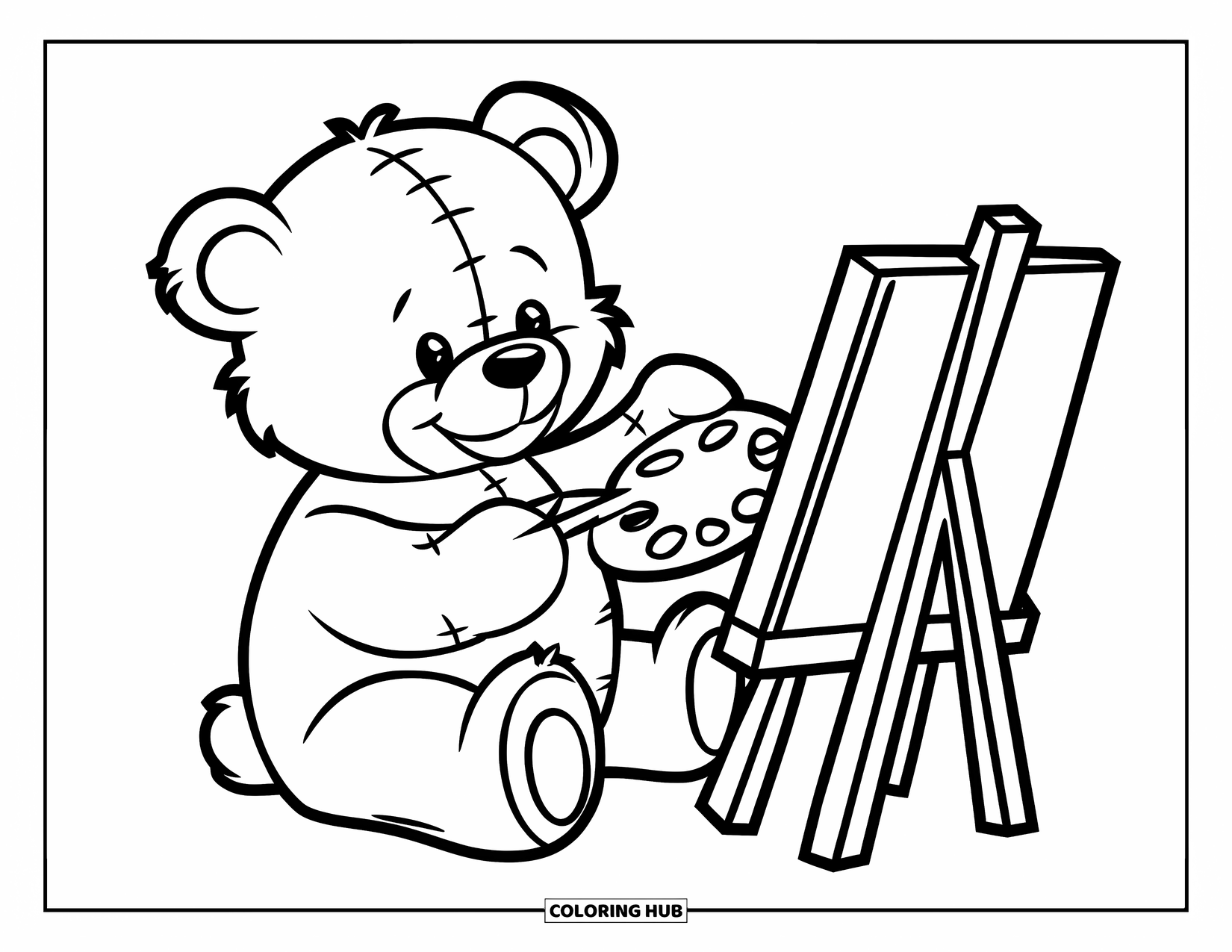 Teddybeer Kleurplaat voor Kinderen: Een teddybeer kunstenaar schildert vrolijk op een doek, met een palet in een van zijn poten