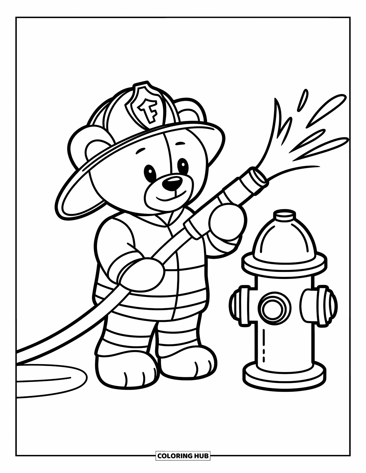 Teddybeer Kleurplaat voor Kinderen: Een teddybeer verkleed als brandweerman houdt een slang vast en spuit water in de buurt van een brandkraan