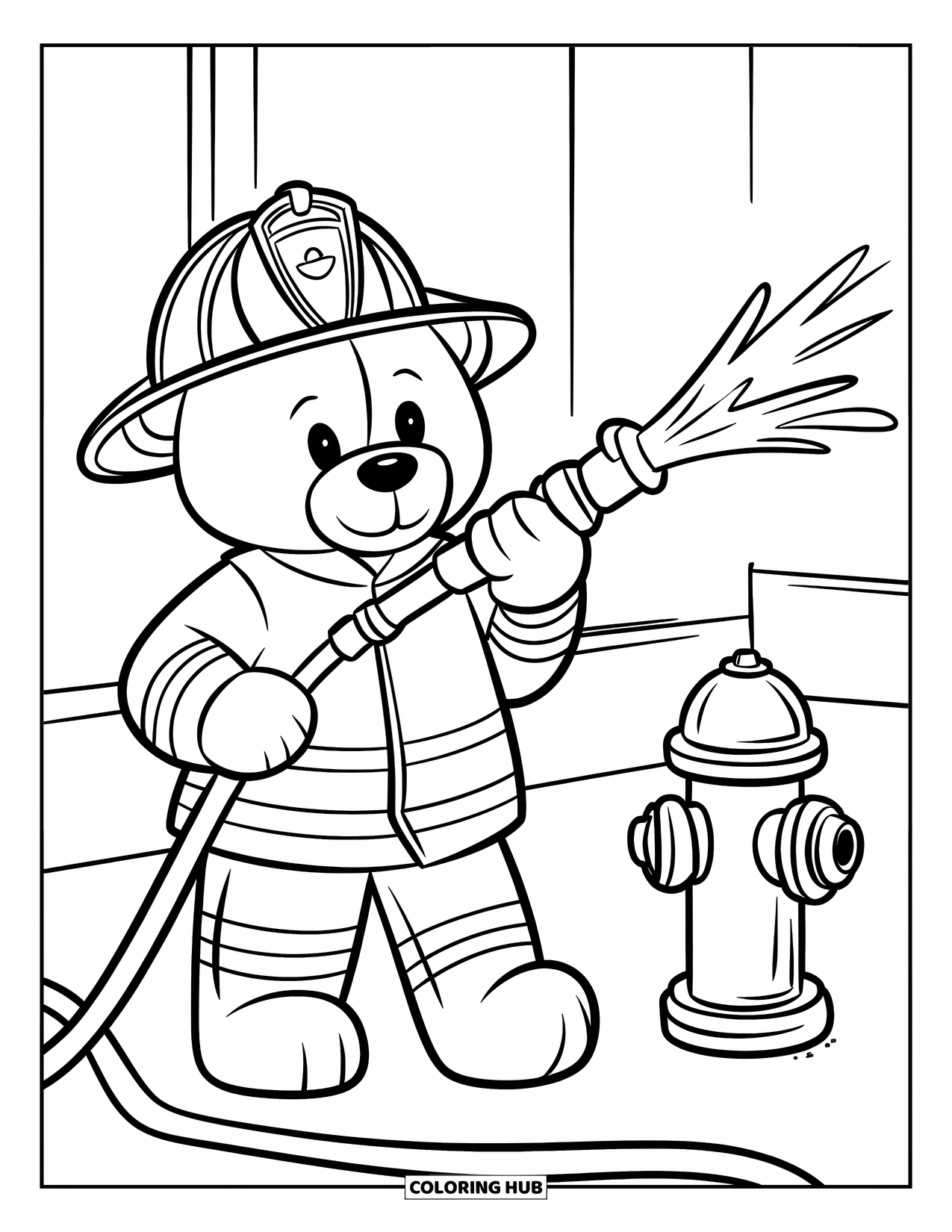 Teddybeer Kleurplaat voor Kinderen: Een teddybeer brandweerman houdt een slang vast, klaar om een brand te blussen, in de buurt van een brandkraan