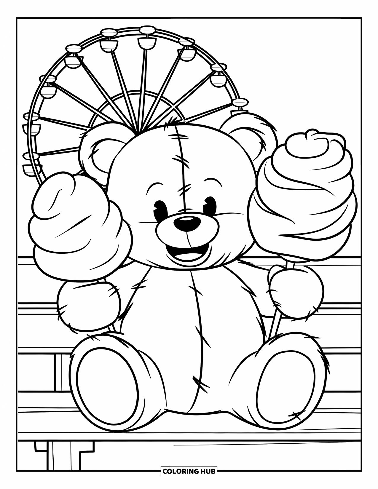 Teddybeer Kleurplaat voor Kinderen: Een teddybeer houdt suikerspin in de ene hand en een knuffelprijs in de andere