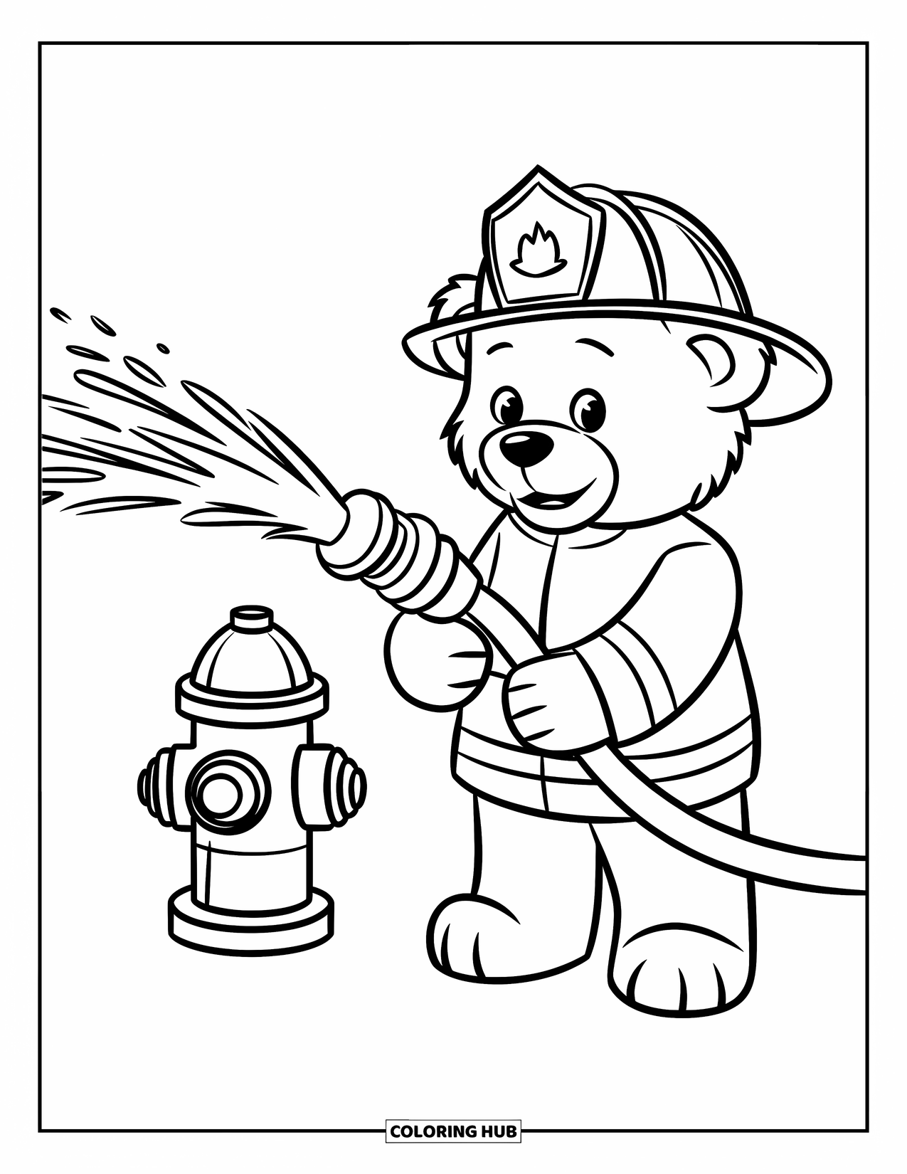Teddybeer Kleurplaat voor Kinderen: Een teddybeer in een brandweeruniform spuit water uit een slang, staande in de buurt van een brandkraan