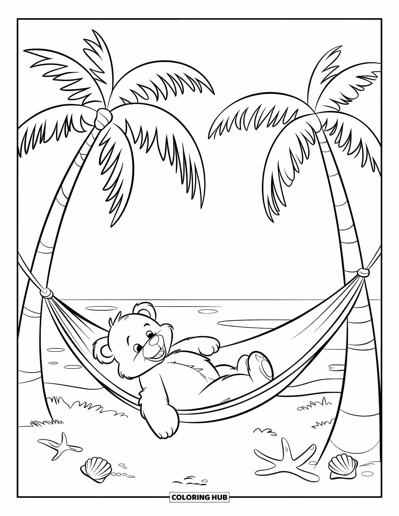 Teddybeer Kleurplaat voor Kinderen: Een teddybeer ontspant zich op een hangmat, omringd door palmbomen en schelpen op het strand