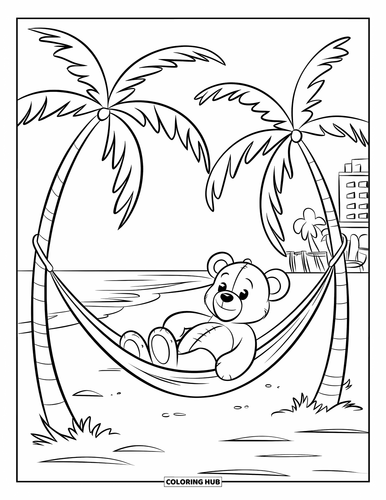 Teddybeer Kleurplaat voor Kinderen: Een teddybeer rust in een hangmat onder twee wuivende palmbomen, genietend van de zeebries