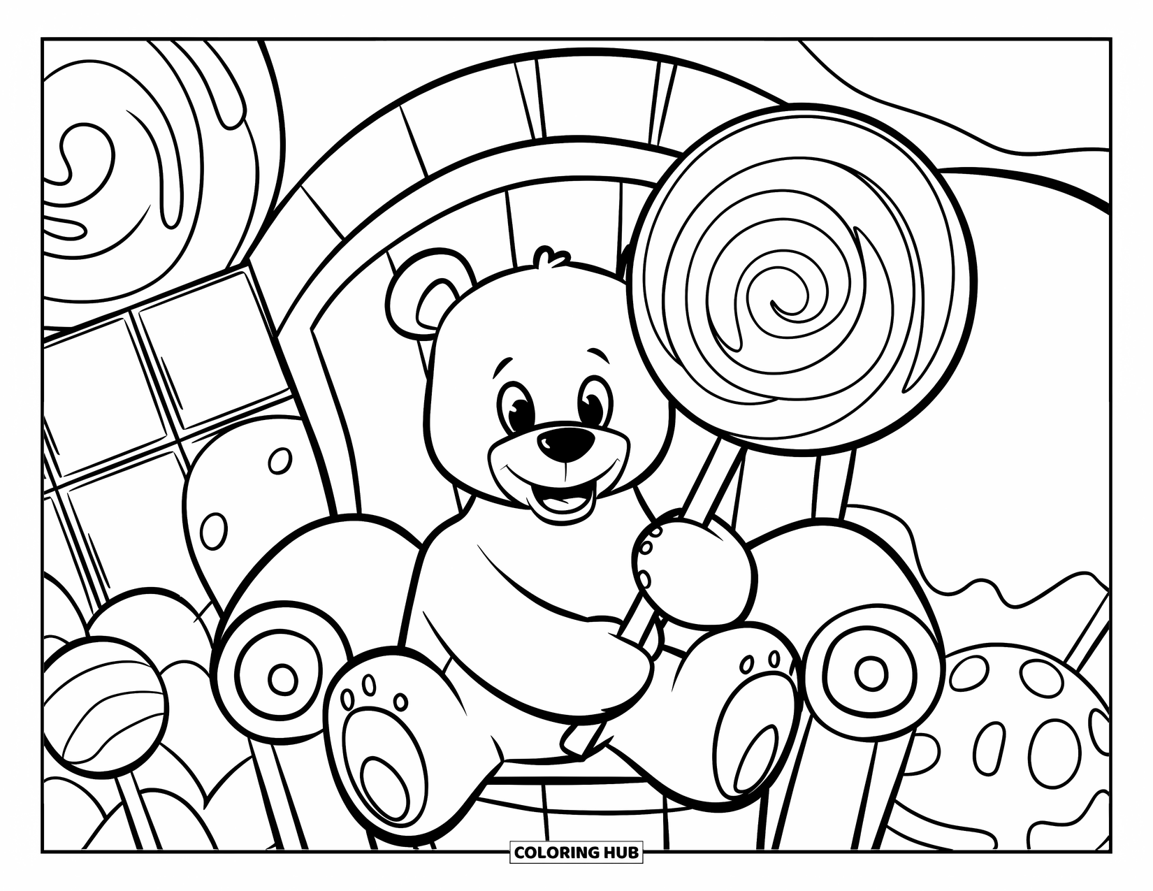 Teddybeer Kleurplaat voor Kinderen: Een teddybeer zit op een snoepjes troon, met een lolly in zijn hand, met oversized snoepjes op de achtergrond