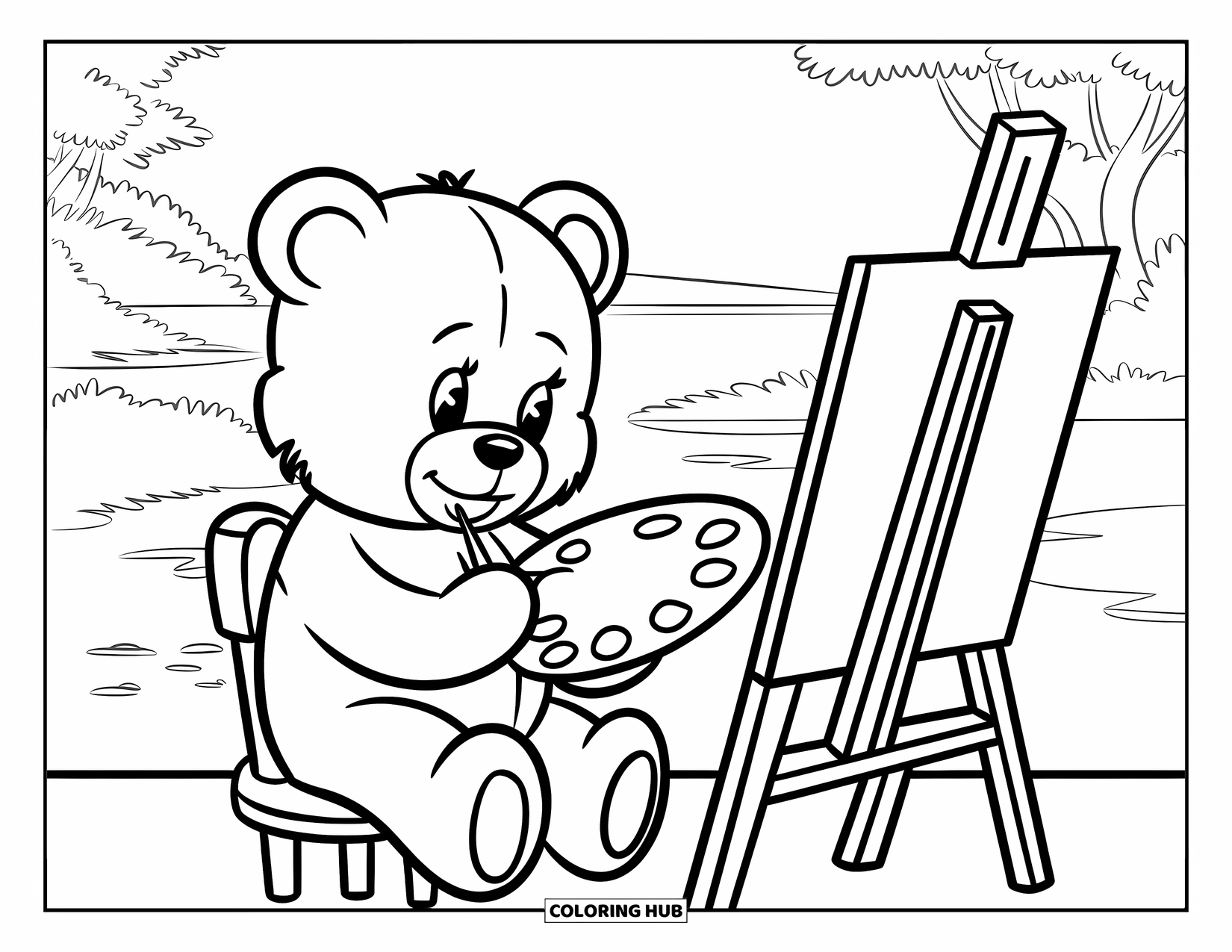 Teddybeer Kleurplaat voor Kinderen: Een teddybeer zit op een stoel en schildert op een doek, met een ezel ervoor