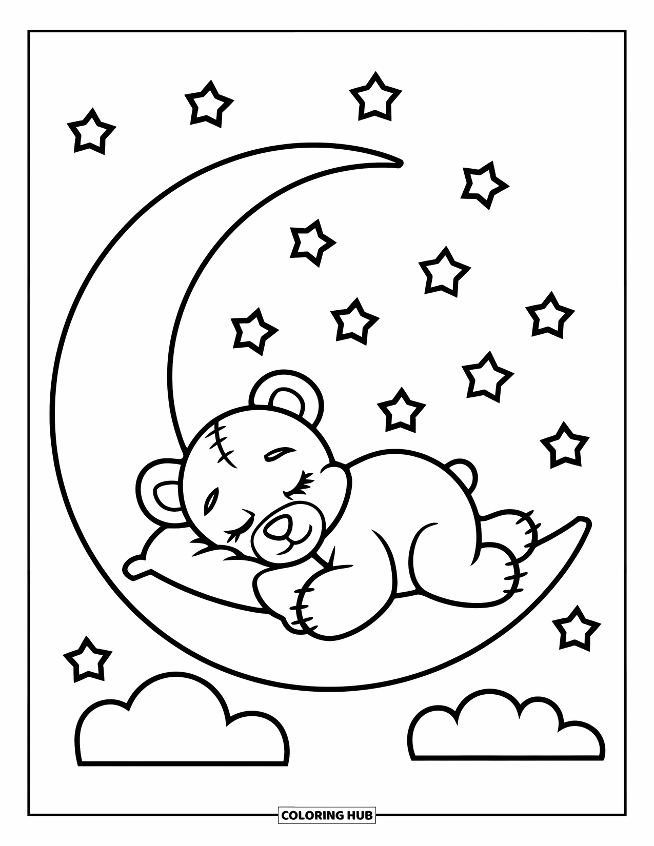 Teddybeer Kleurplaat voor Kinderen: Een teddybeer slaapt vredig op een maansikkel, met een kussen en fonkelende sterren erboven