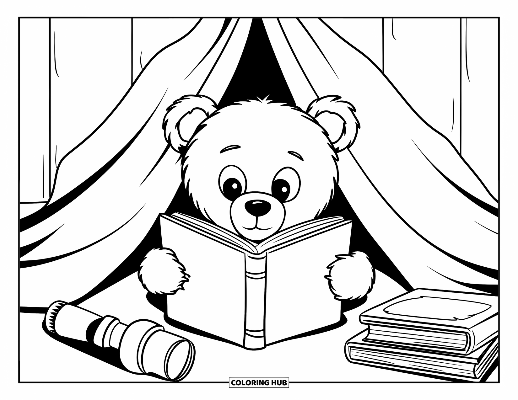 Teddybeer Kleurplaat voor Kinderen: Een teddybeer kruipt onder een dekenfort en leest een boek naast een stapel boeken