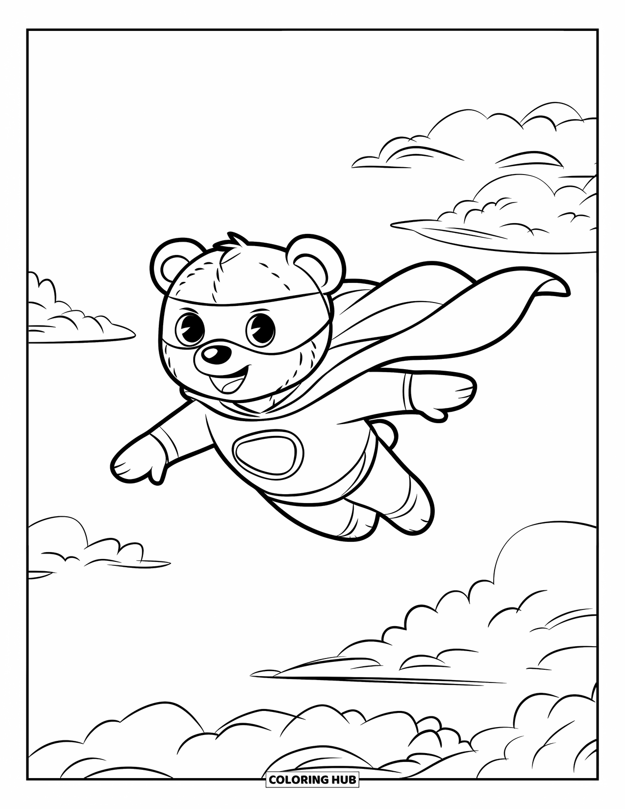 Teddybeer Kleurplaat voor Kinderen: Een teddybeer superheld vliegt hoog, met een masker en cape, omringd door wolken