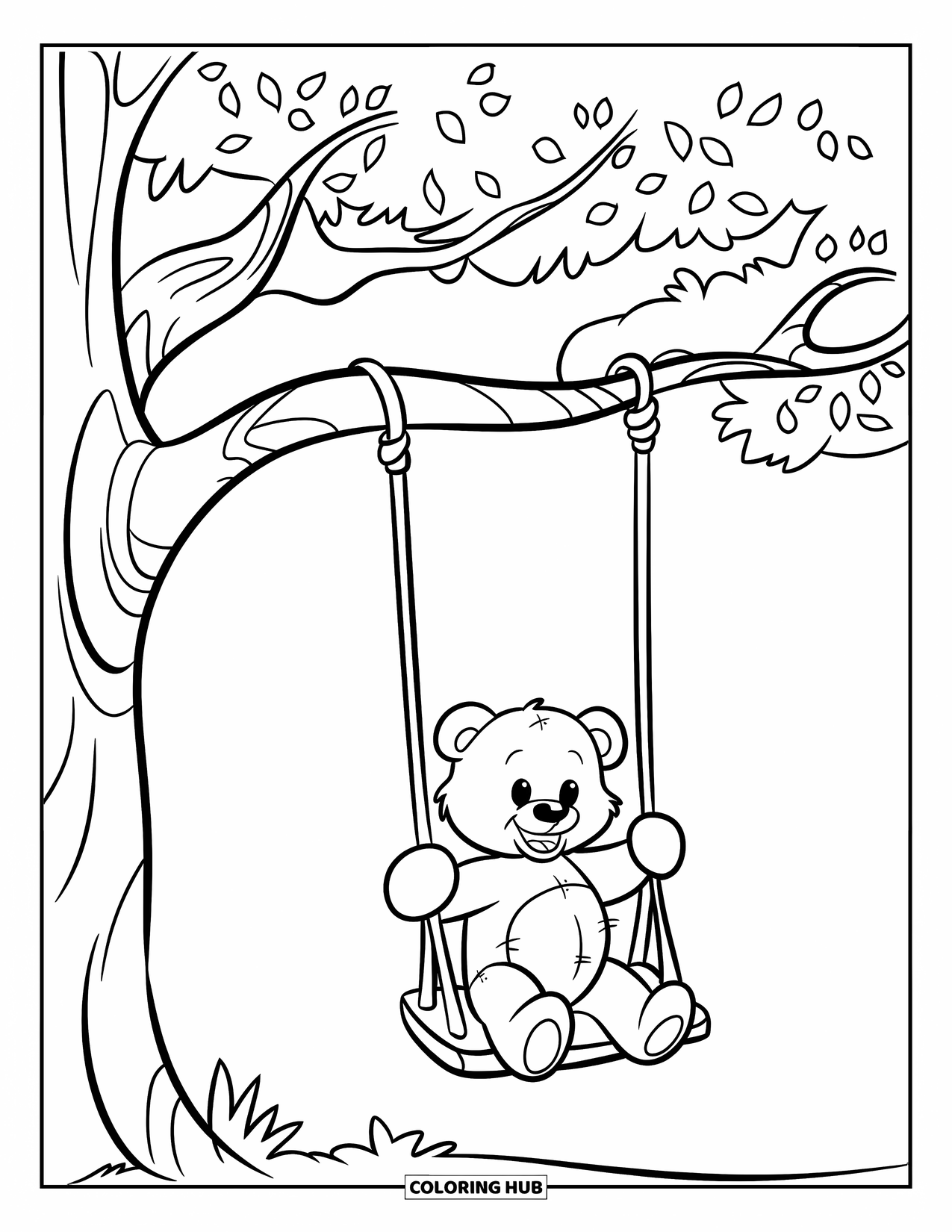 Teddybeer Kleurplaat voor Kinderen: Een teddybeer schommelt speels aan een boomtak, met een heldere, open lucht erachter