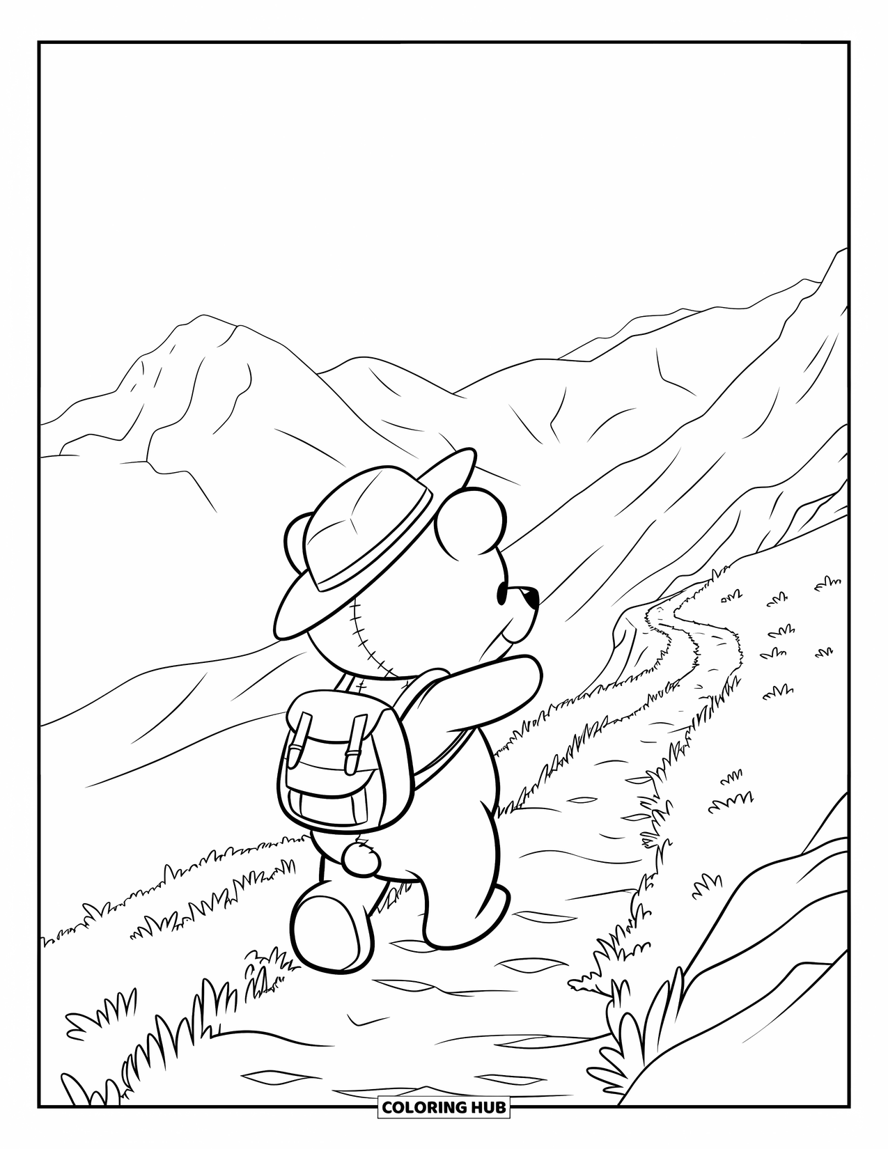 Teddybeer Kleurplaat voor Kinderen: Een teddybeer trekt een kronkelend bergpad op, met een rugzak en een uitzicht achter zich