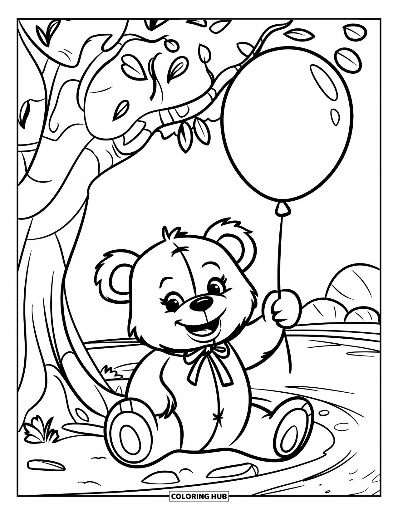 Teddybeer Kleurplaat voor Kinderen: Een teddybeer met een lint om zijn nek zit onder een boom en houdt een zwevende ballon vast