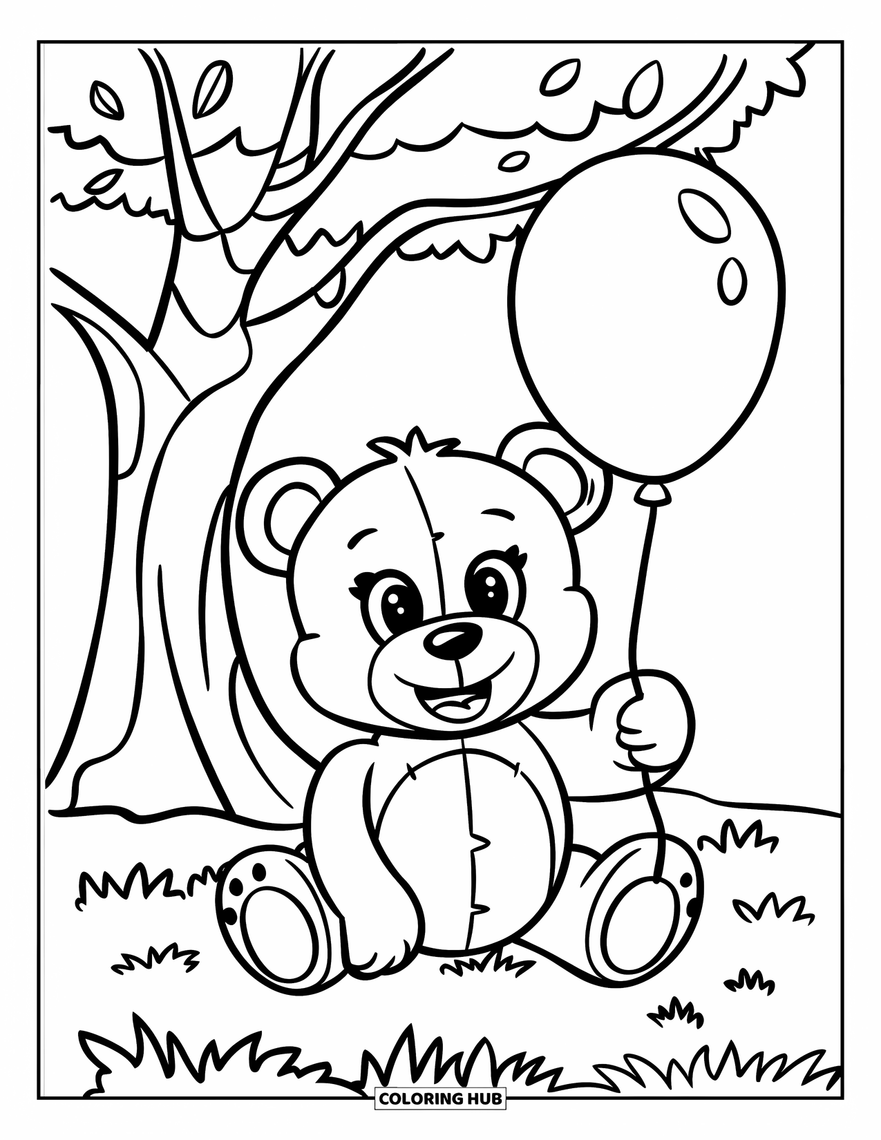 Teddybeer Kleurplaat voor Kinderen: Een teddybeer met grote ogen zit onder een boom en houdt een ballon vast, in een vredige omgeving