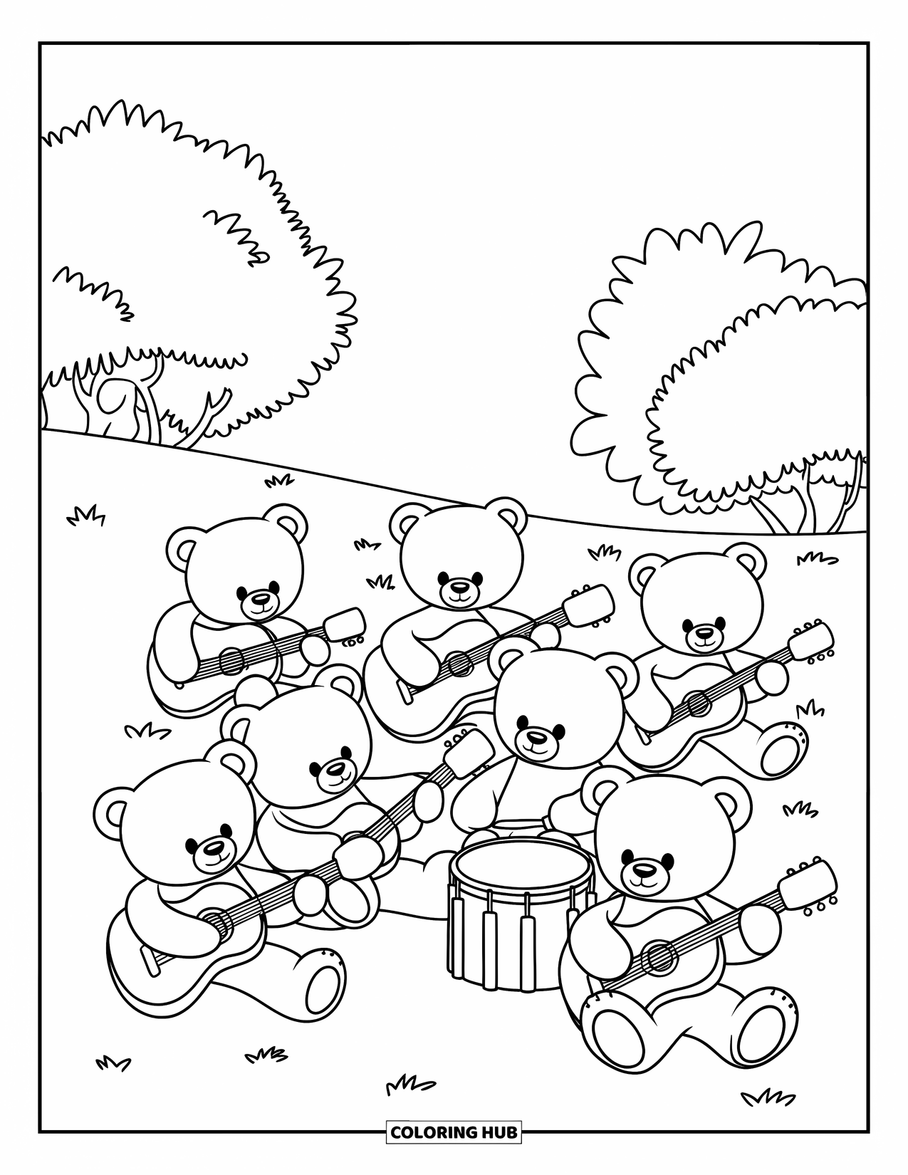 Teddybeer Kleurplaat voor Kinderen: Teddyberen spelen samen gitaar, drums en een trompet in een grasrijke buitenomgeving