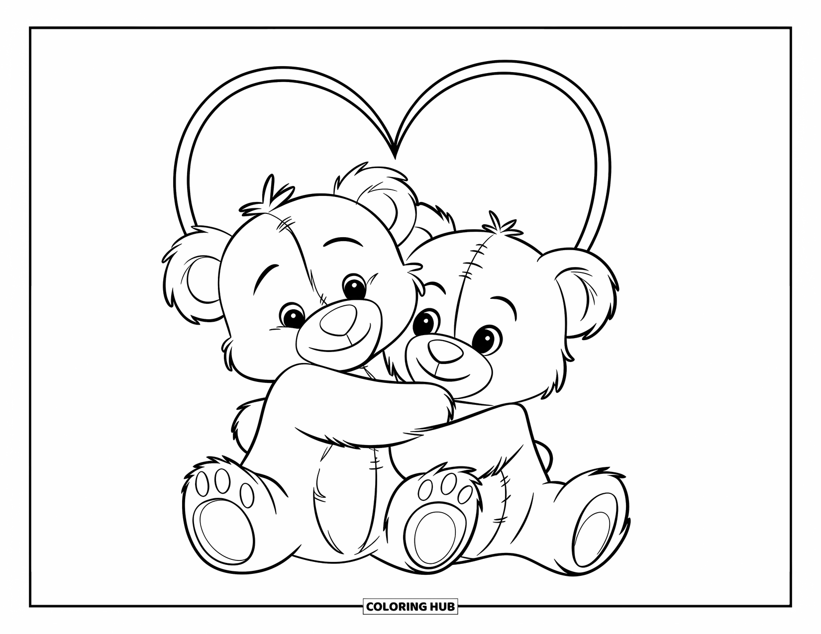 Teddybeer Kleurplaat voor Kinderen: Twee teddyberen knuffelen warm met een eenvoudige hartomtrek die boven hen zweeft