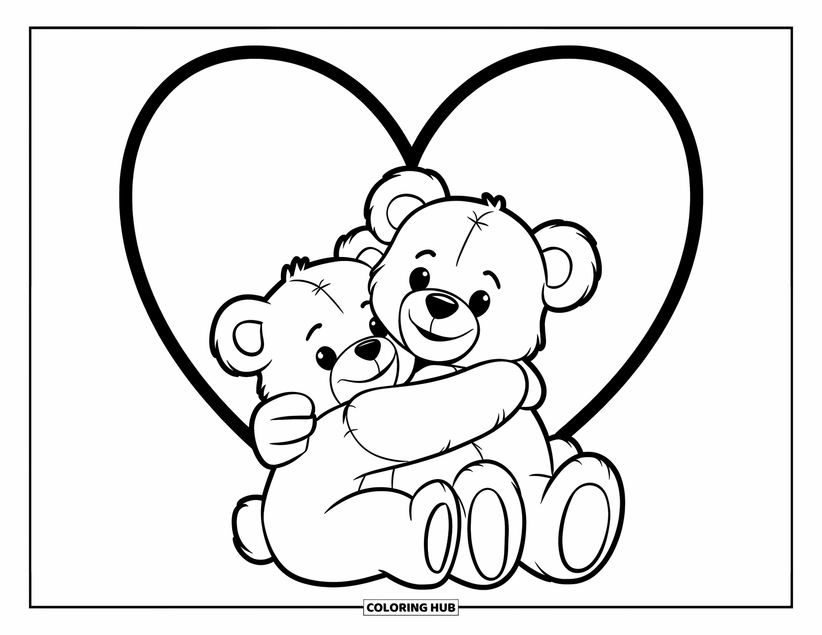 Teddybeer Kleurplaat voor Kinderen: Twee teddyberen delen een innige knuffel onder een grote, opvallende hartomtrek