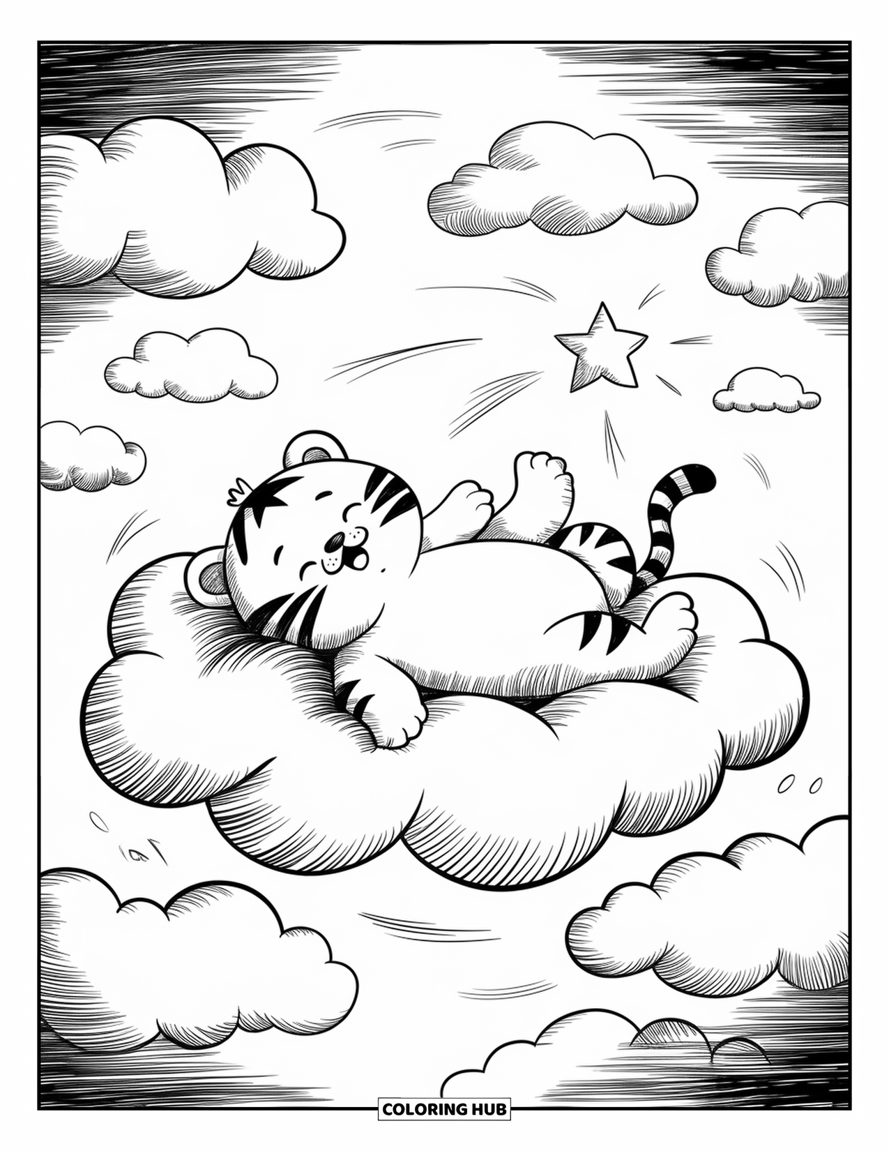 Disegno di tigre da colorare per adulti: Una tigre paffuta che riposa su una nuvola soffice, allungando le zampe verso una stella luminosa in alto
