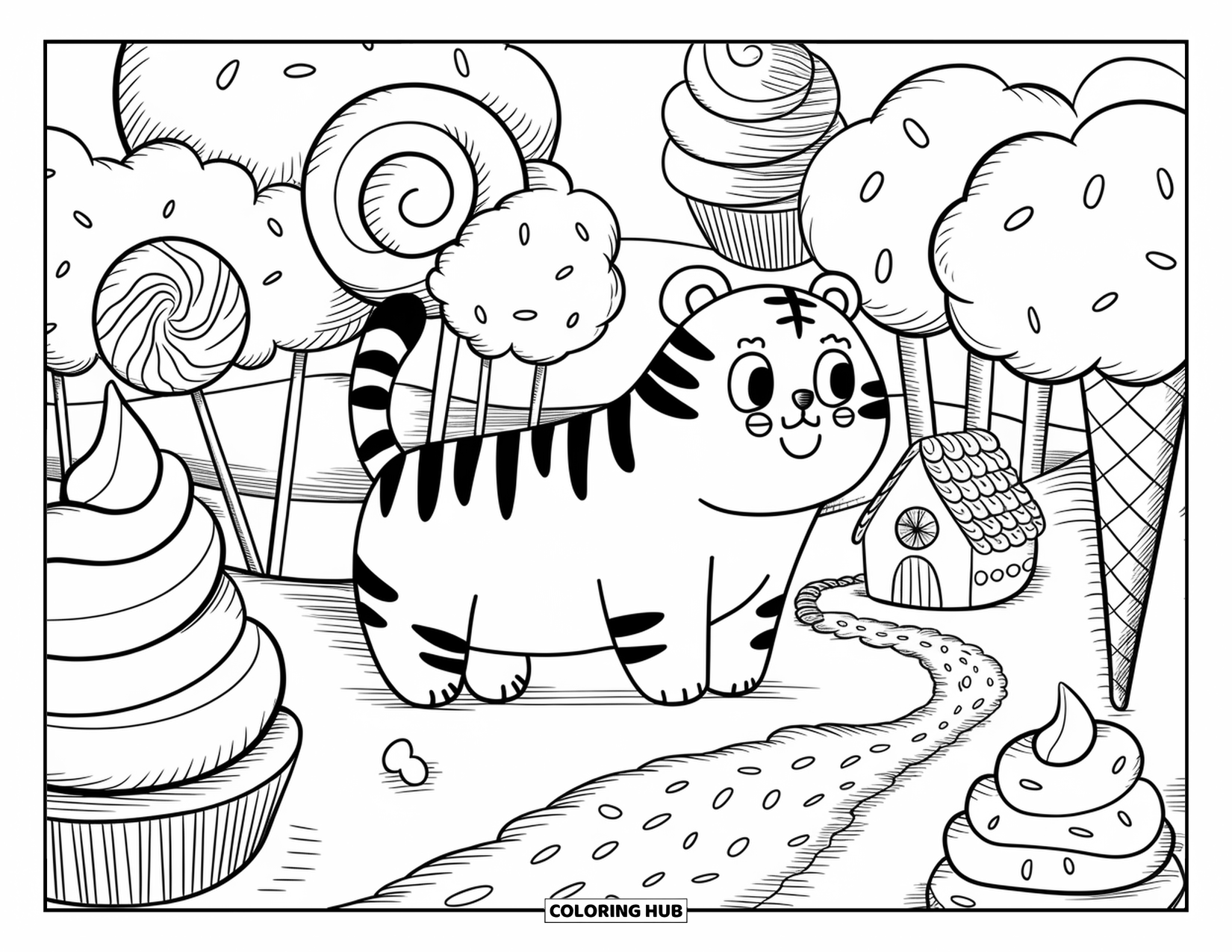 Disegno di tigre da colorare per adulti: Una tigre paffuta in piedi in un mondo pieno di caramelle, circondata da lecca-lecca, gelati e alberi di zucchero filato