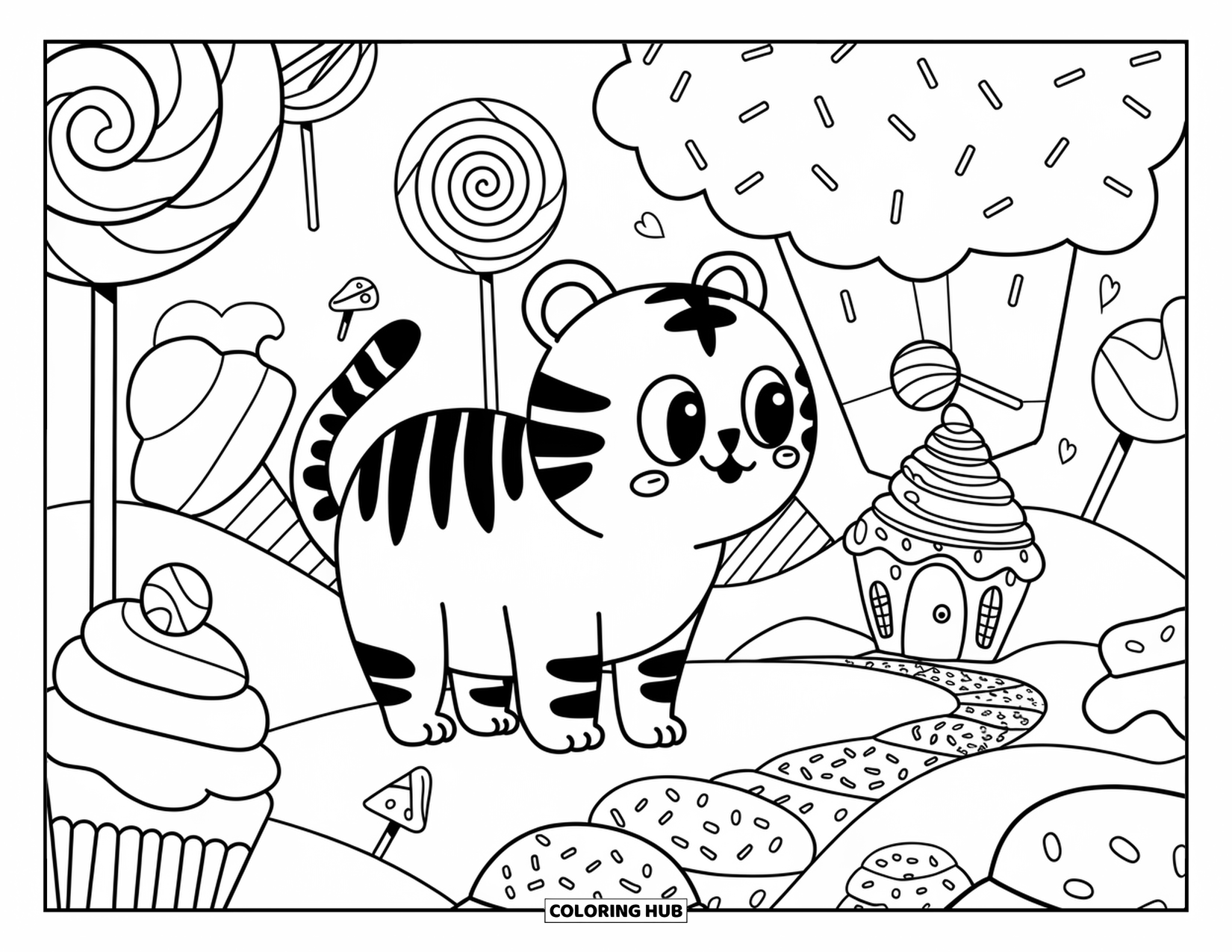 Disegno da colorare di una tigre per adulti: Un curioso cucciolo di tigre in una terra di dolci, ipnotizzato da una casa di caramelle con un tetto a spirale