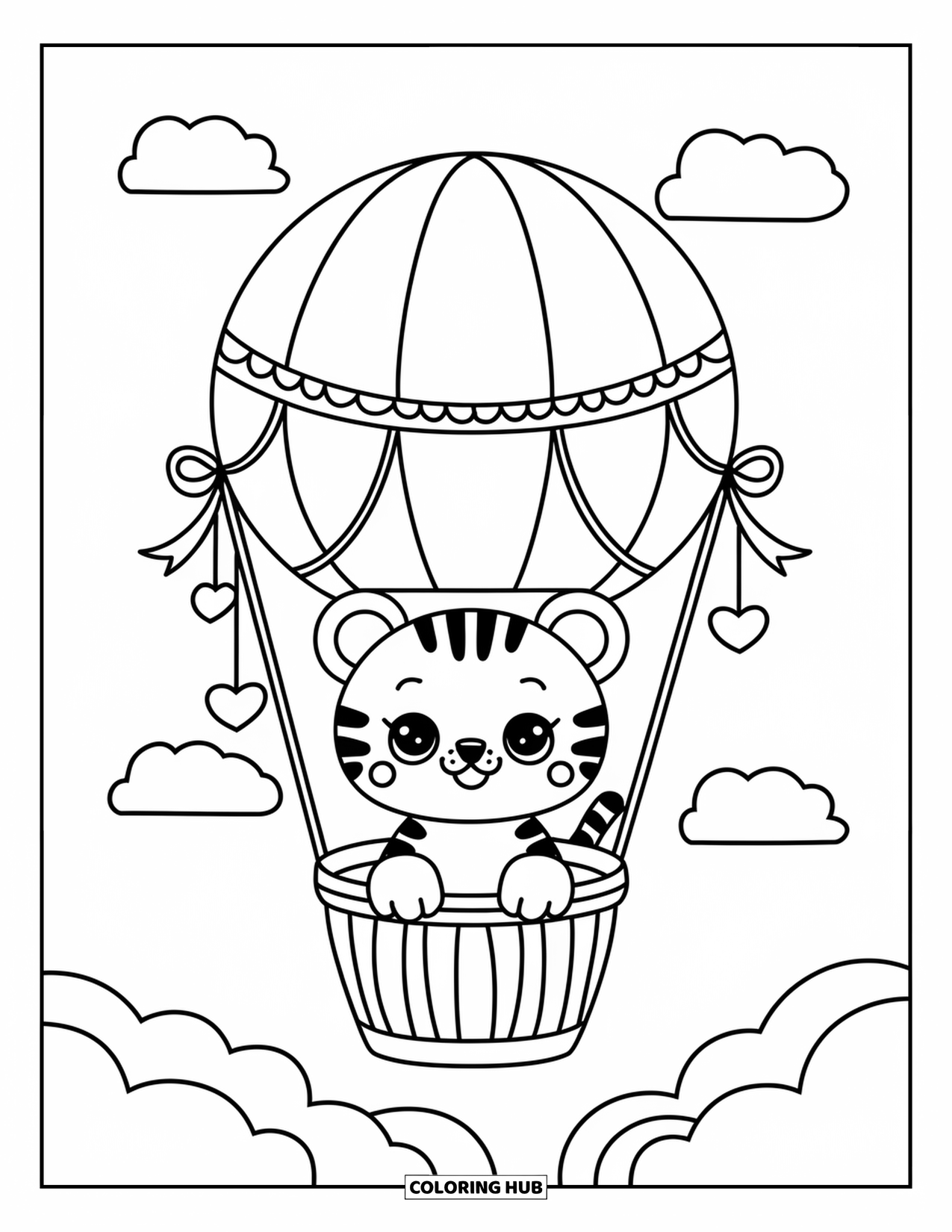 Disegno di tigre da colorare per adulti: Un simpatico cucciolo di tigre che si gode un giro in un palloncino a strisce, circondato da soffici nuvole e colline