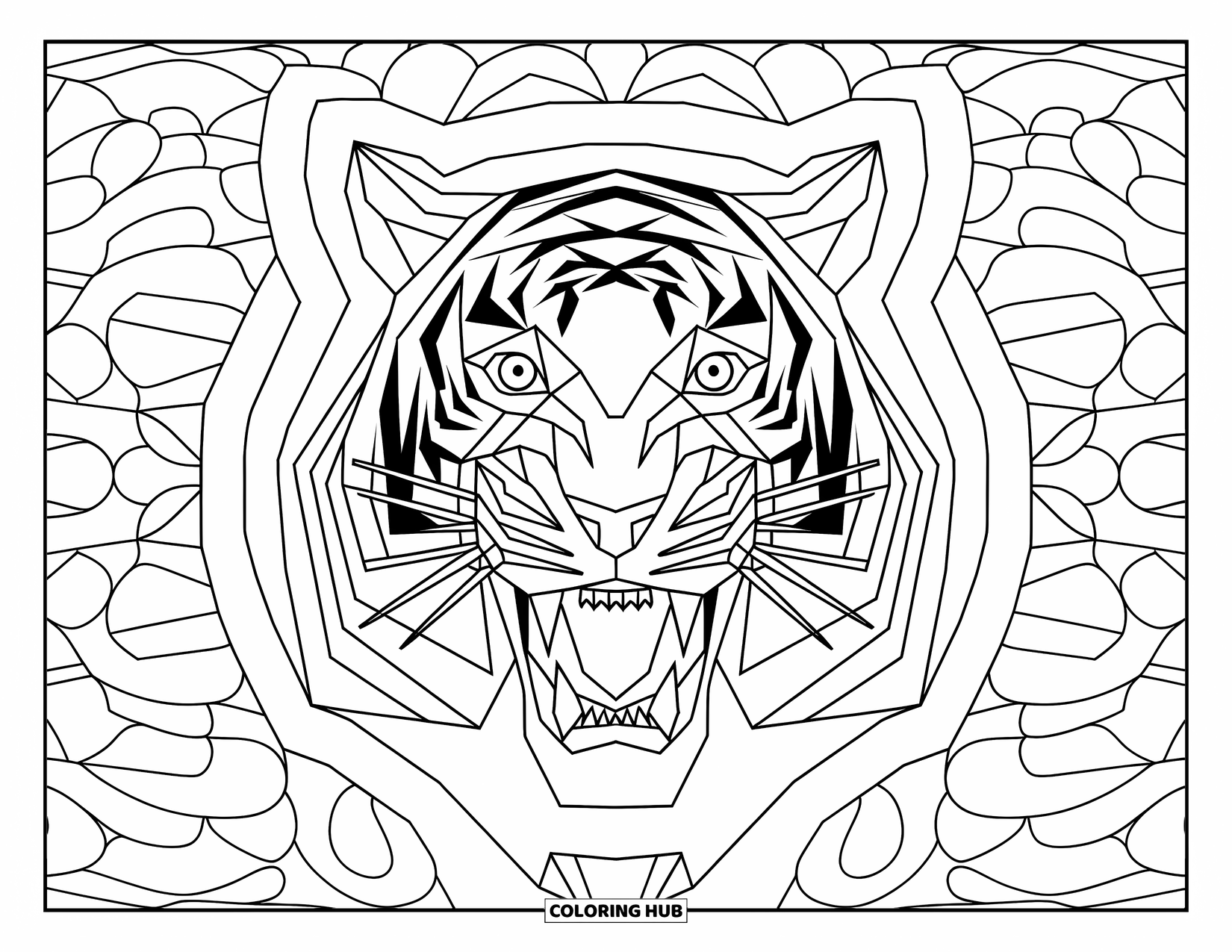 Disegno da colorare di una tigre per adulti: Un volto geometrico di tigre con forme audaci e angolari e un design simmetrico e ipnotico
