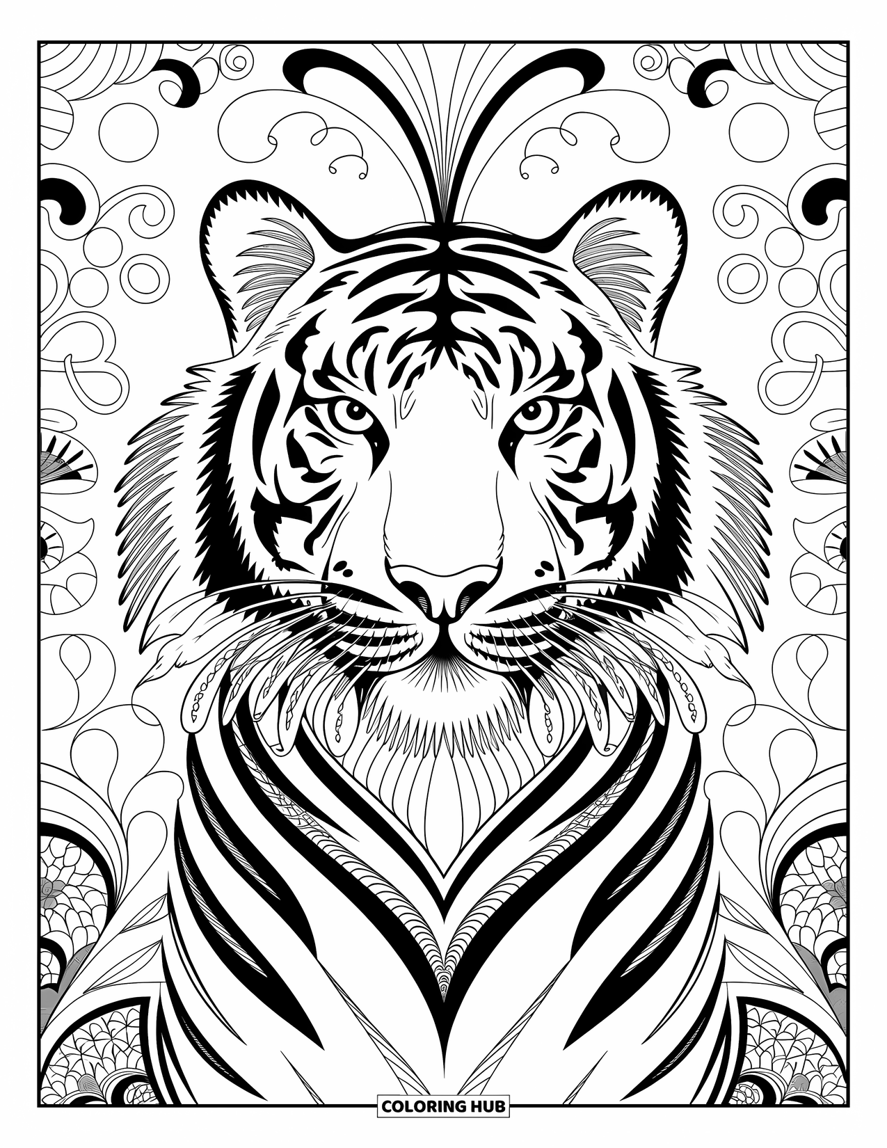 Disegno di tigre da colorare per adulti: Una tigre Zentangle altamente dettagliata, circondata da vortici, motivi floreali e linee arricciate
