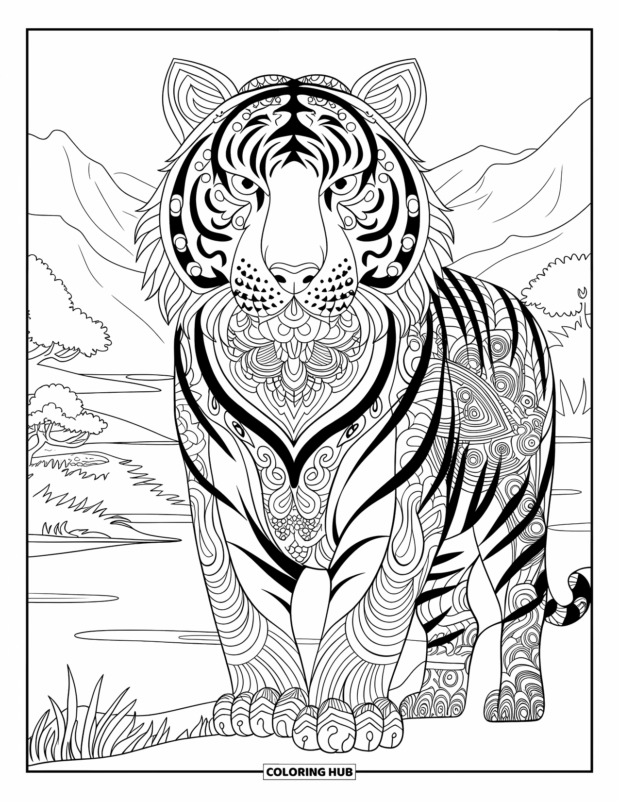 Disegno di tigre da colorare per adulti: Una tigre mandala con ornamentali pellicce vorticose, ambientata in un paesaggio tranquillo di alberi e acqua