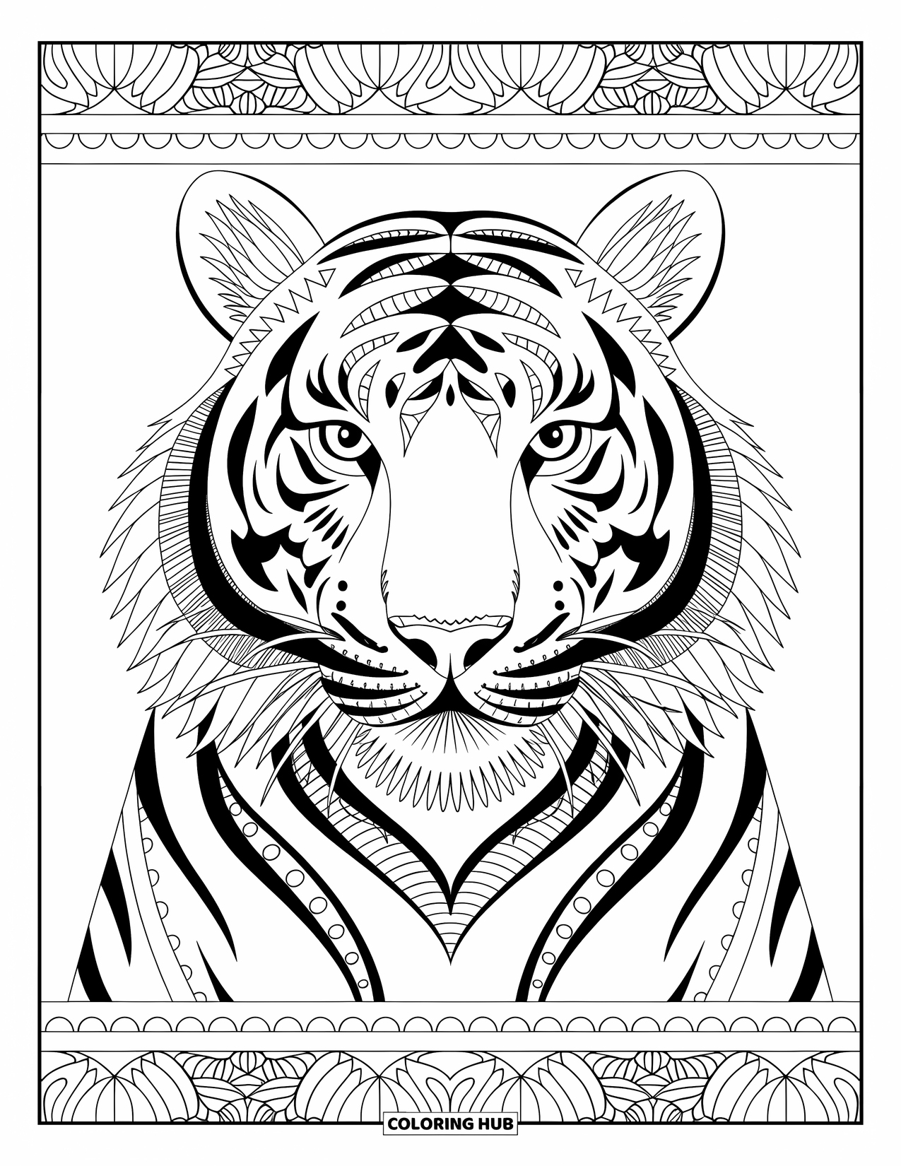 Disegno da colorare di una tigre per adulti: Un ritratto ipnotico di una tigre con dettagliati lavori a linea Zentangle ed elaborati disegni sinuosi