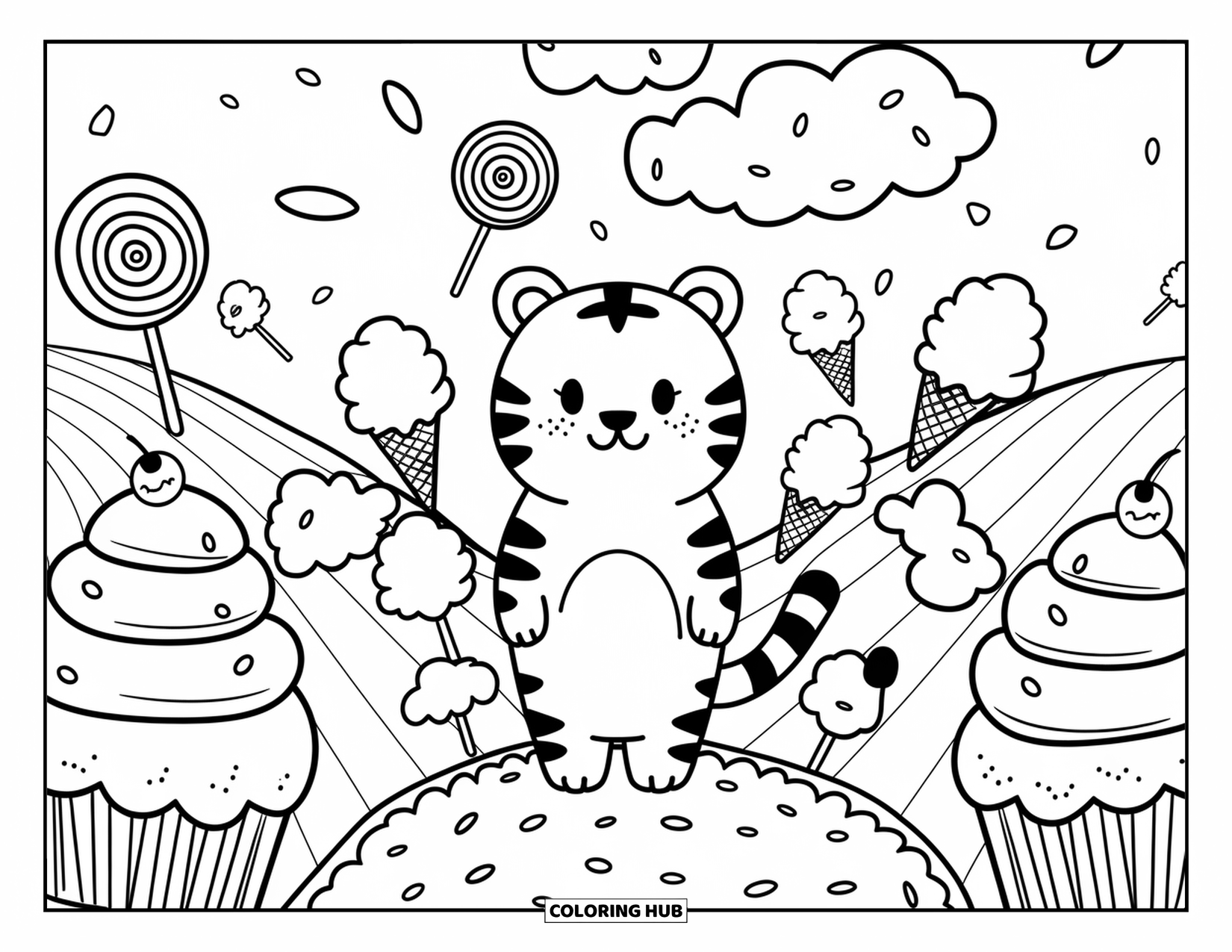 Disegno di tigre da colorare per adulti: Una tigre giocosa che esplora un mondo dolce con lecca-lecca a spirale, soffici alberi di zucchero filato e strade cosparse