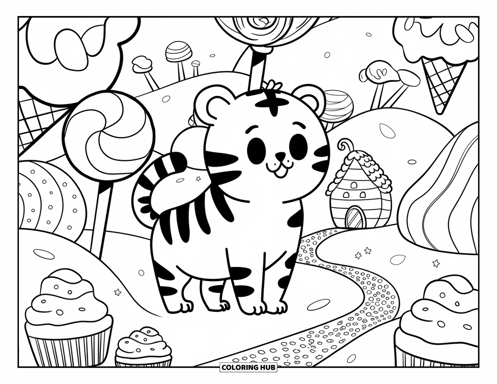 Disegno di tigre da colorare per adulti: Un cucciolo di tigre rotondo che guarda una minuscola casa di caramelle, con colline a forma di cupcake e un sentiero di biscotti