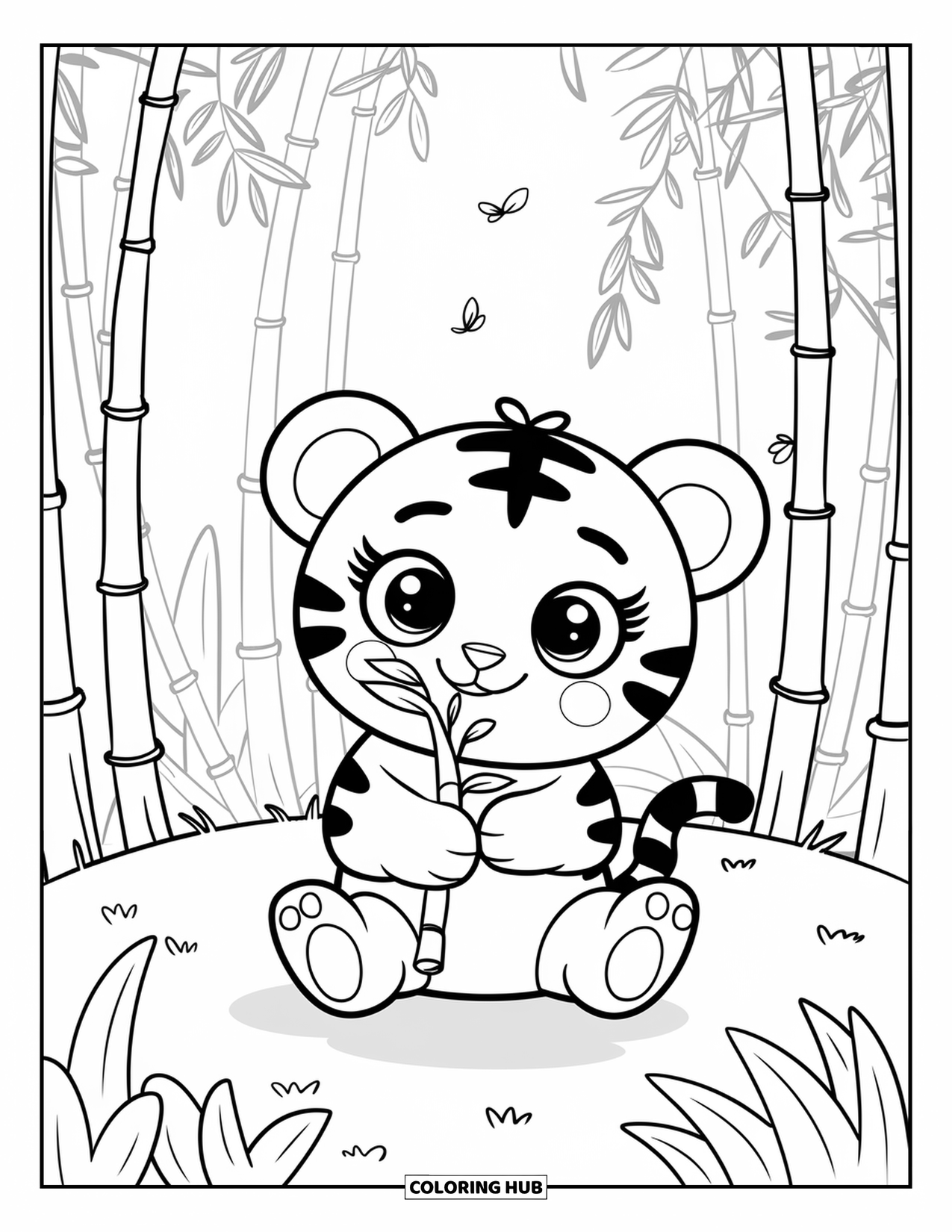 Disegno di tigre da colorare per adulti: Una piccola tigre seduta sull'erba soffice, che guarda un germoglio di bambù mentre le foglie svolazzano nell'aria